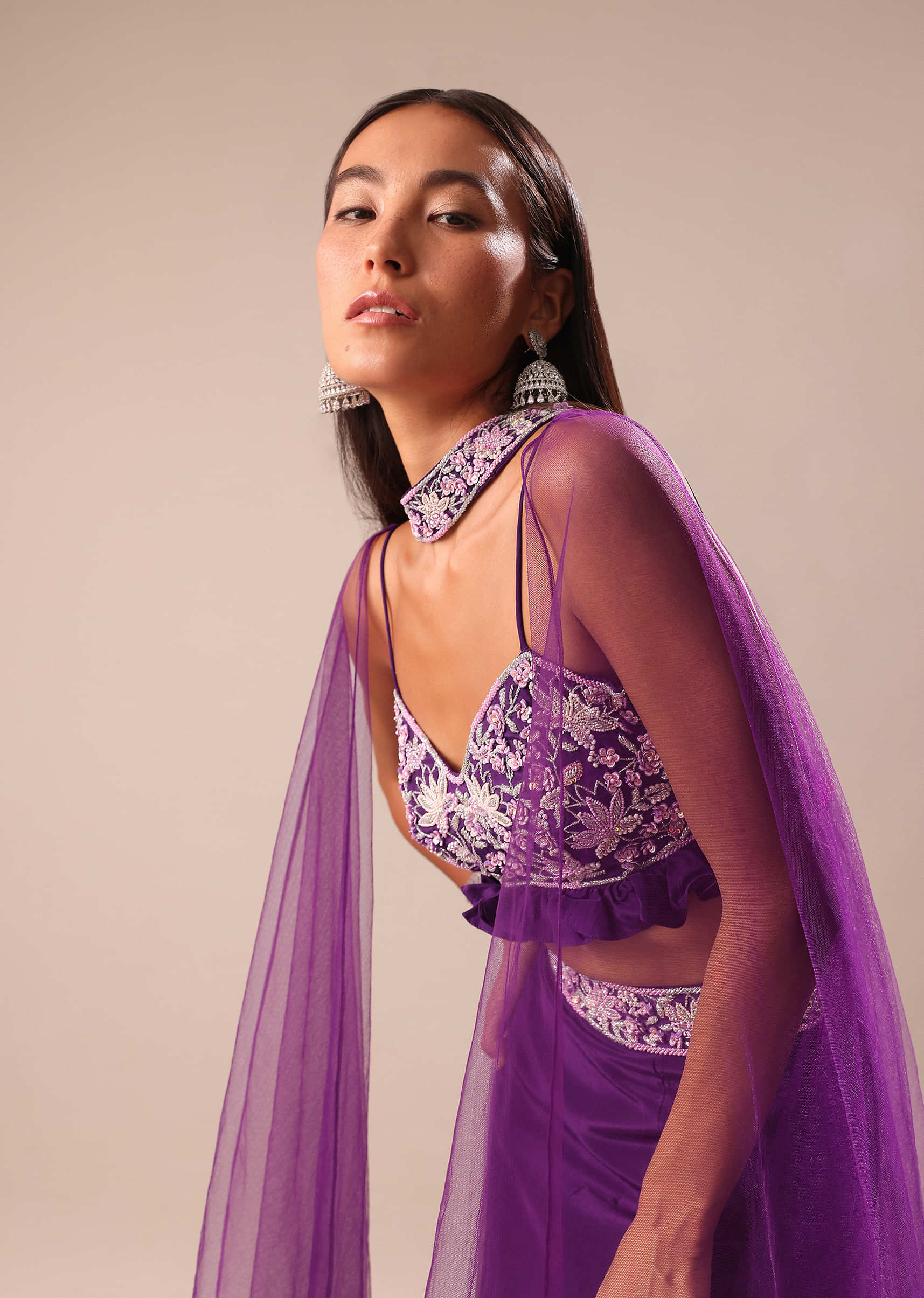 Purple Fishcut Skirt With Embroidered Blouse And Dupatta - Image 3