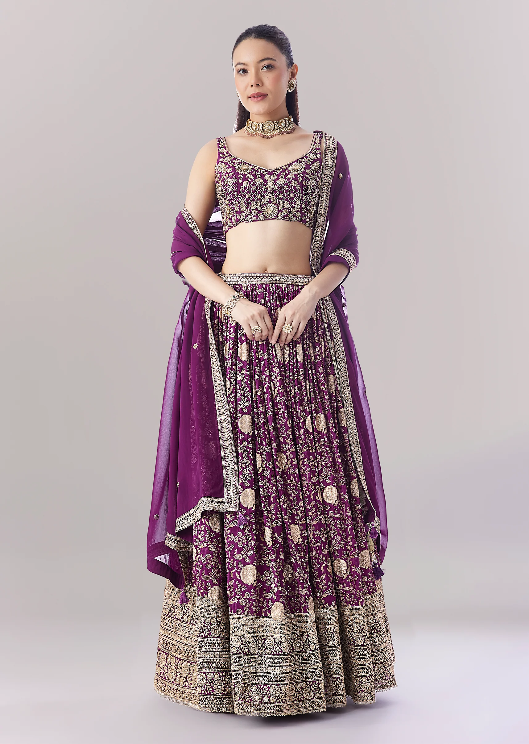 Purple Floral Printed Lehenga With Zari Work - Image 5