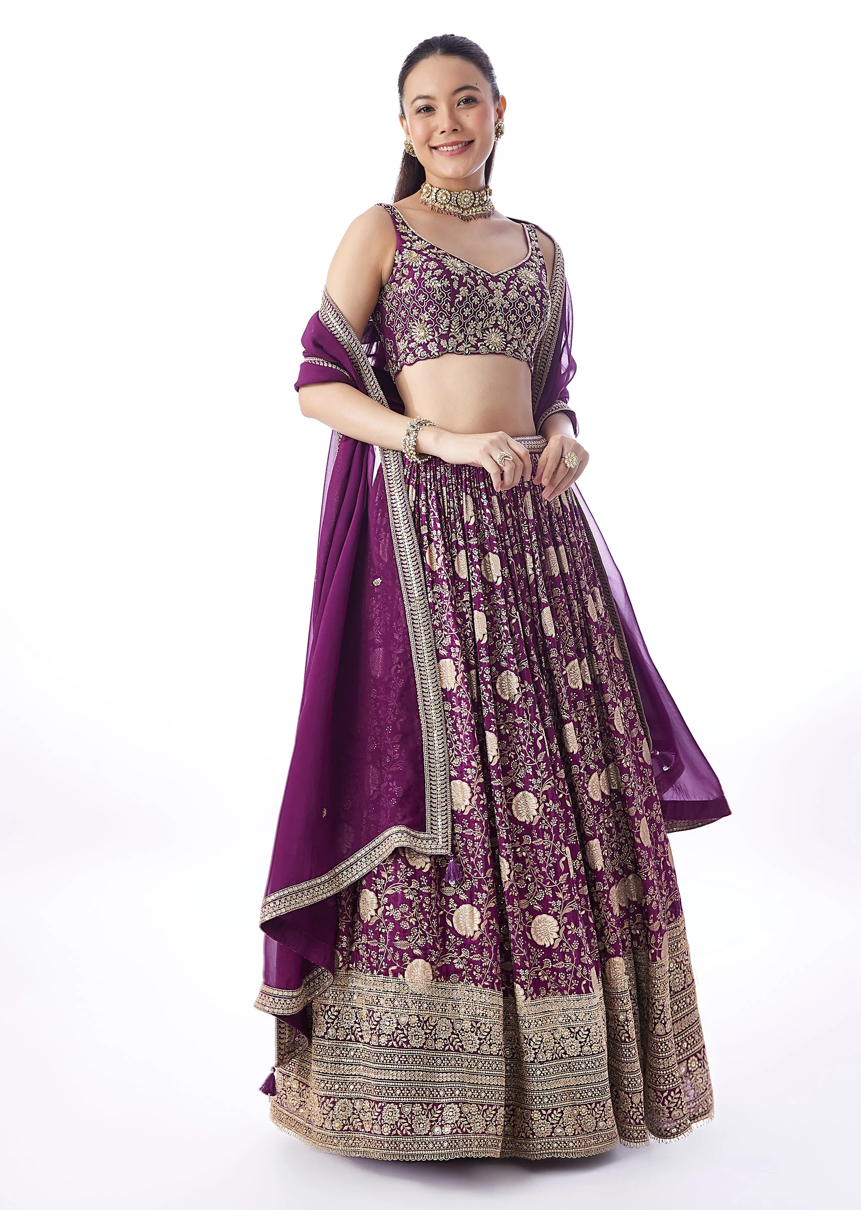 Purple Floral Printed Lehenga With Zari Work - Image 7