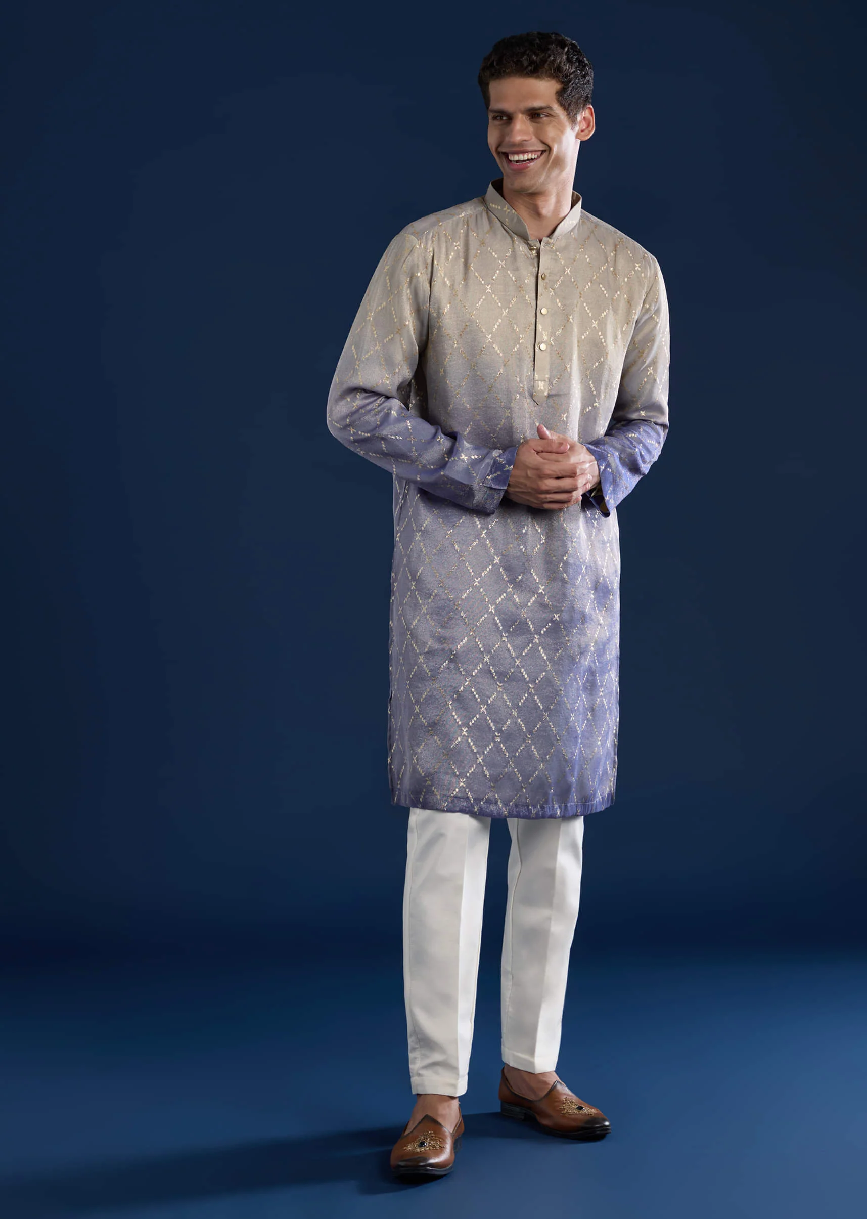 Purple Foil Print Mens Kurta and Pant Set - Image 3