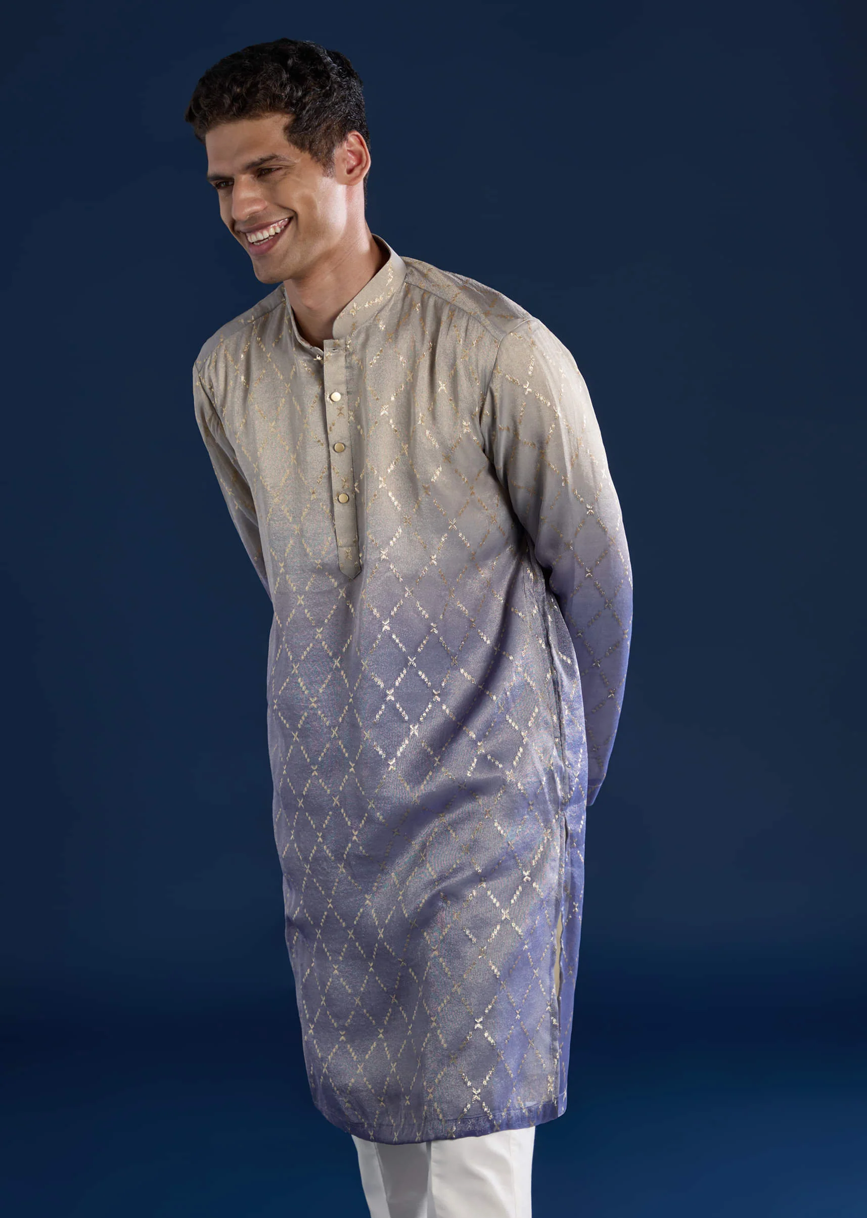 Purple Foil Print Mens Kurta and Pant Set - Image 4