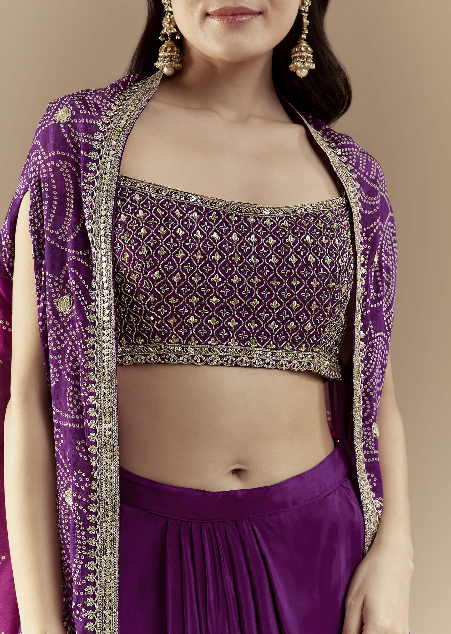 Purple Fusion Crop Top Skirt Set with Bandhani Cape - Image 2