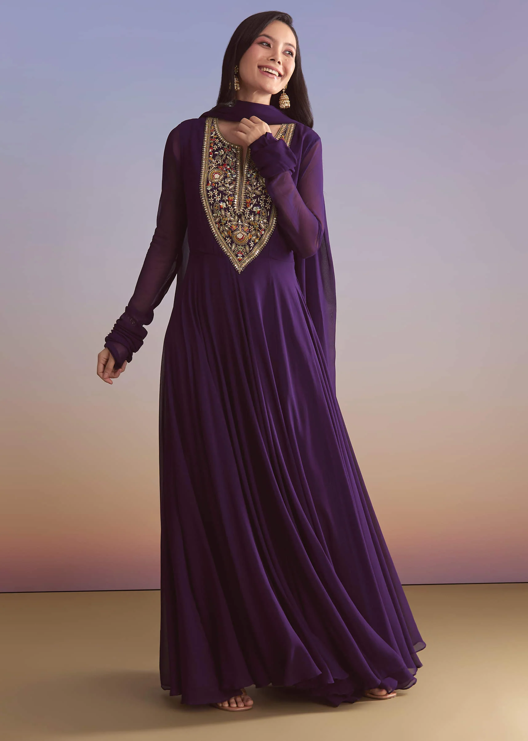 Purple Georgette Anarkali Suit With Sequins And Resham Embroidery - Image 3