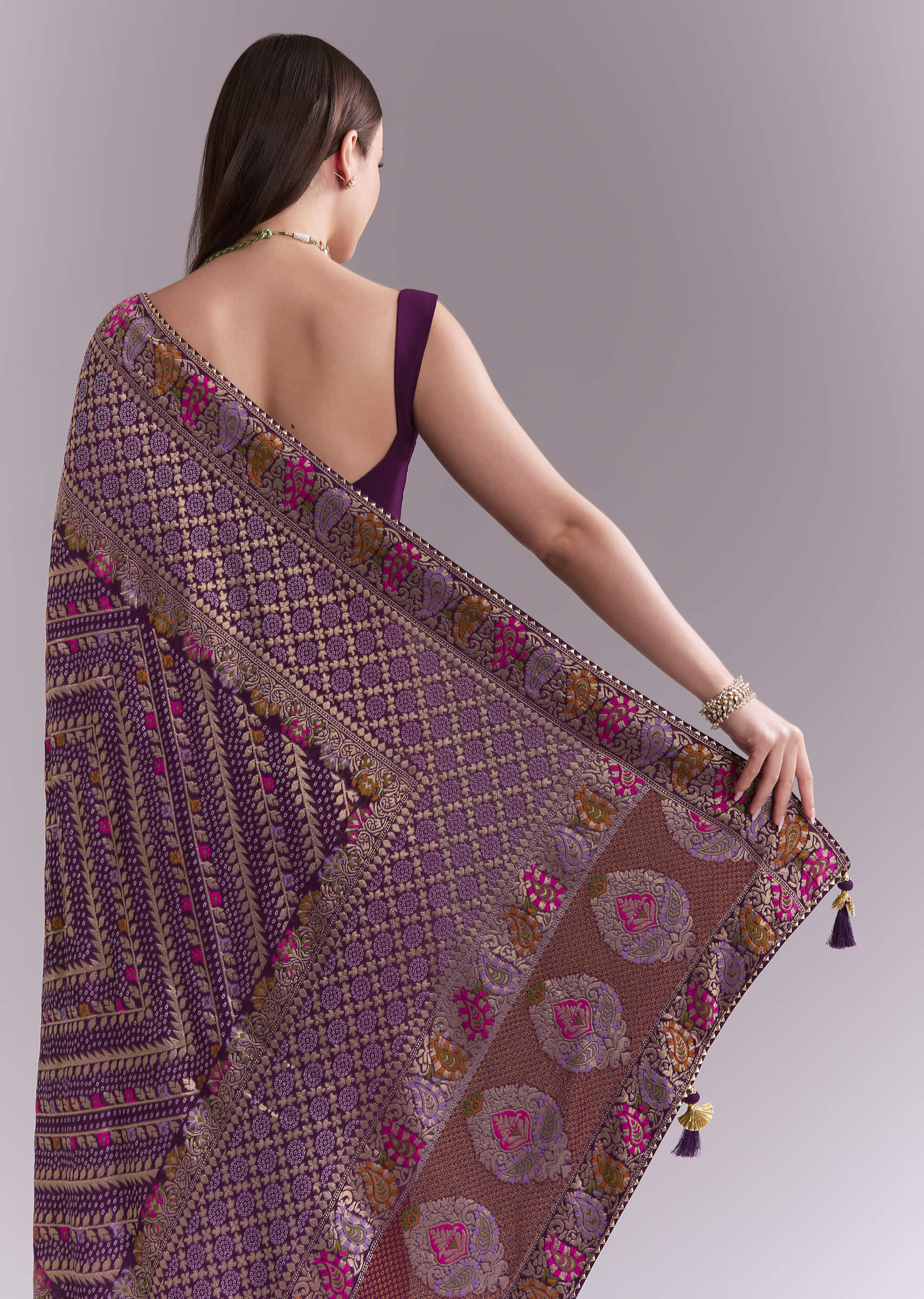 Purple Georgette Saree With Heavy Zari Work And Brocade Border - Image 6