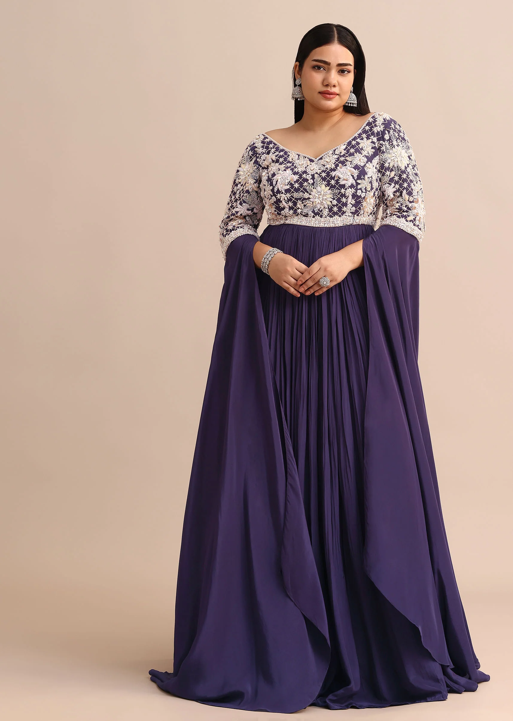 Purple Gown With Cape Style Sleeves in Jaal Work