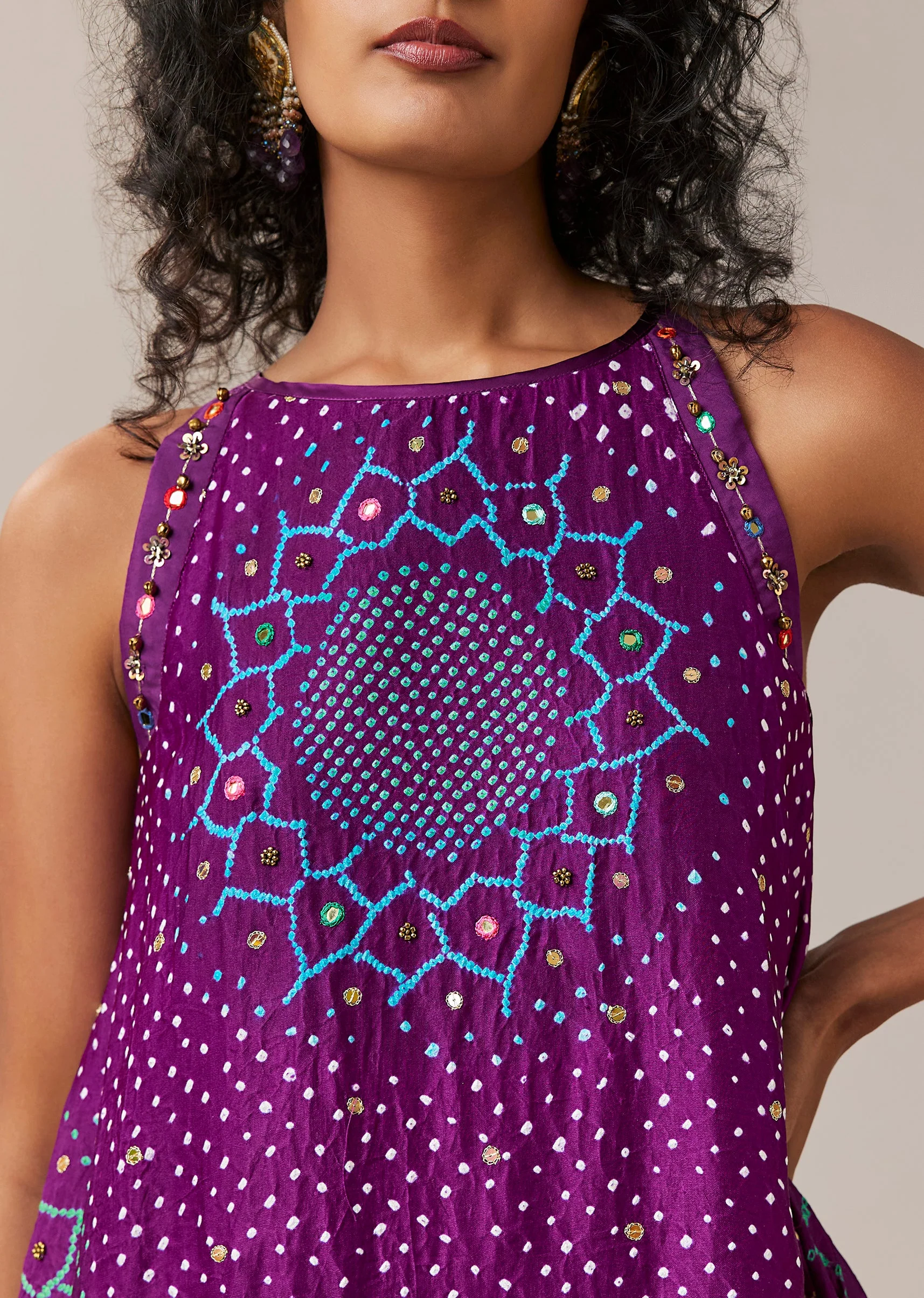 Purple Hand Dyed Bandhani Top and Leheriya Palazzo Co-ord Set with Sequins - Image 4