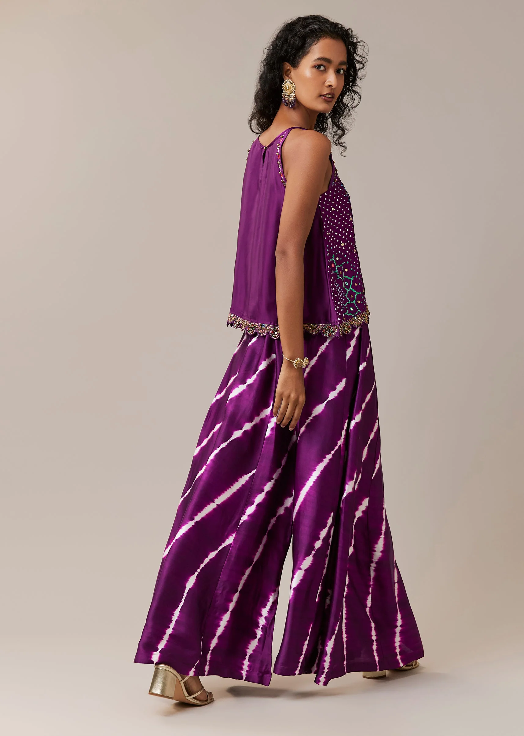 Purple Hand Dyed Bandhani Top and Leheriya Palazzo Co-ord Set with Sequins - Image 5