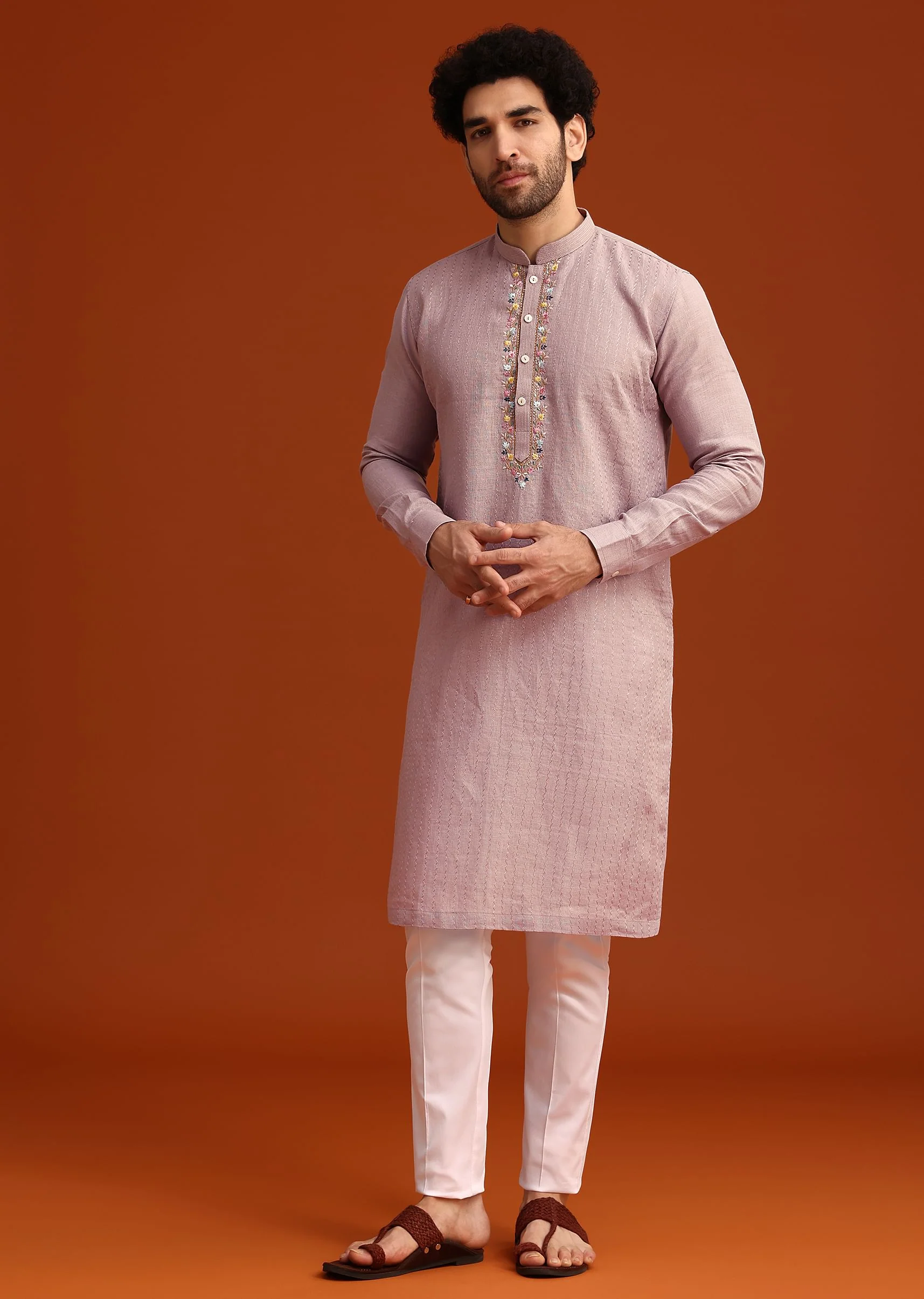 Purple Hand Embroidered Kurta And Pant Set In Linen - Image 2