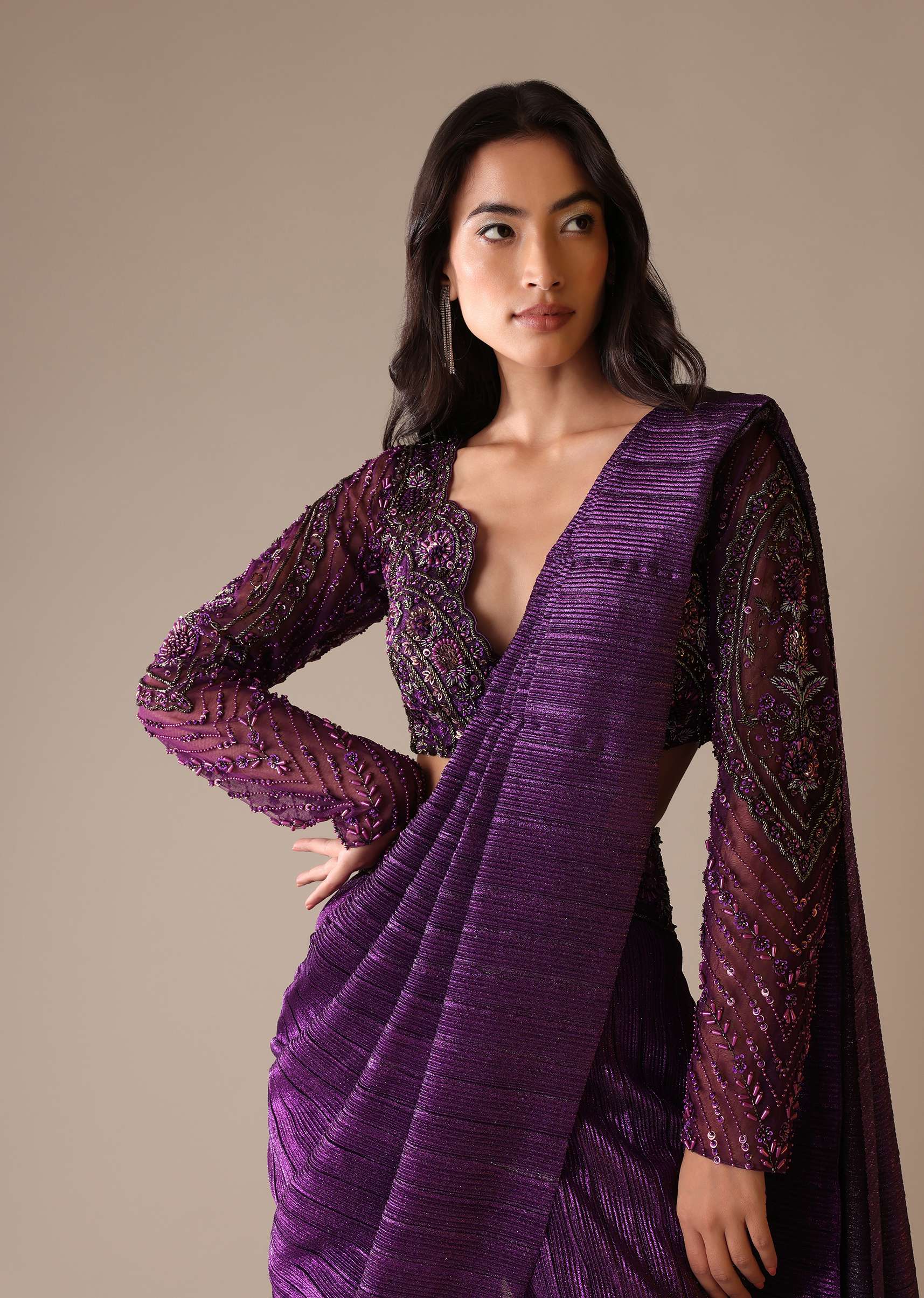 Purple Hand Embroidered Sharara And Blouse Set In Crushed Shimmer - Image 2