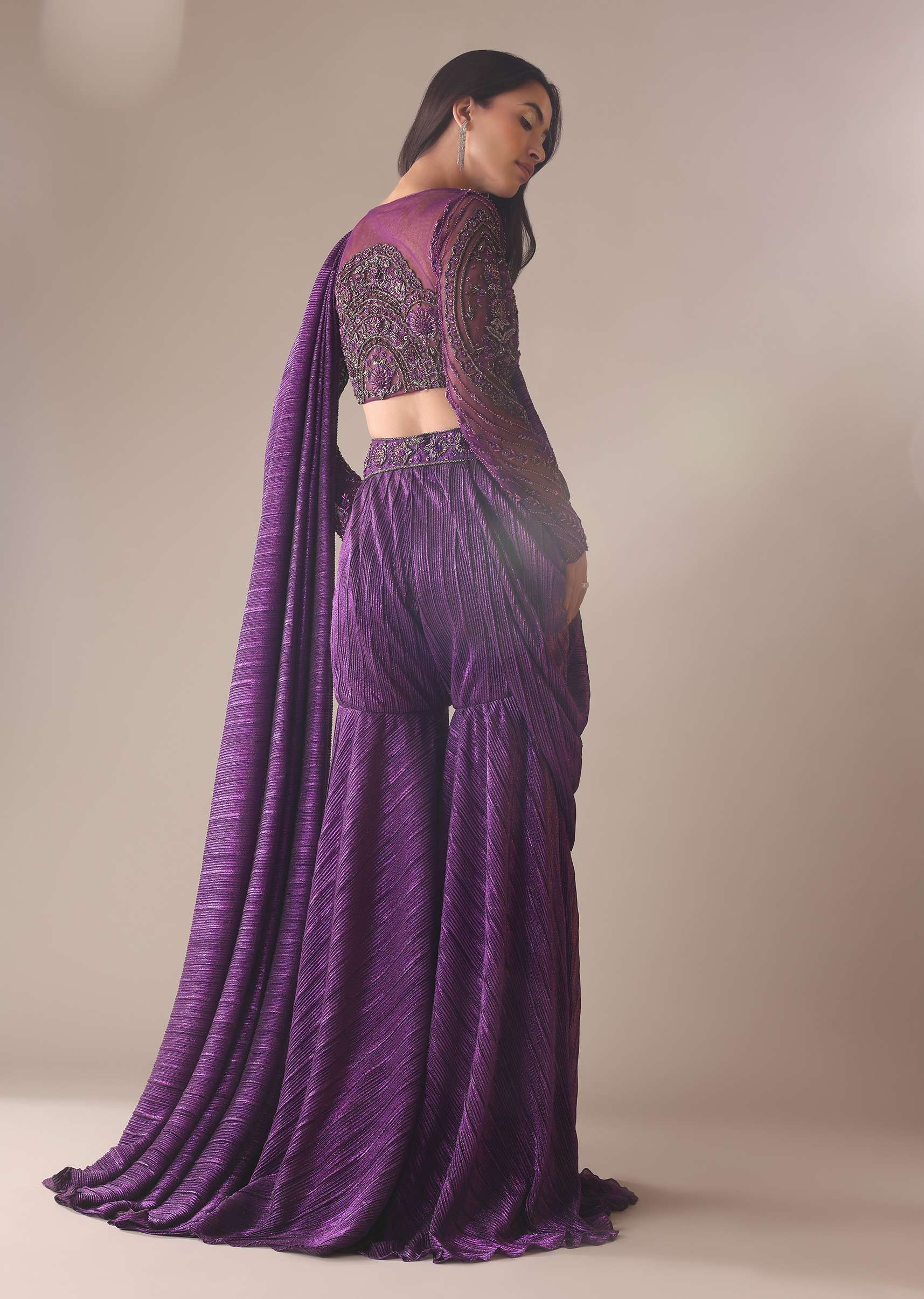 Purple Hand Embroidered Sharara And Blouse Set In Crushed Shimmer - Image 6
