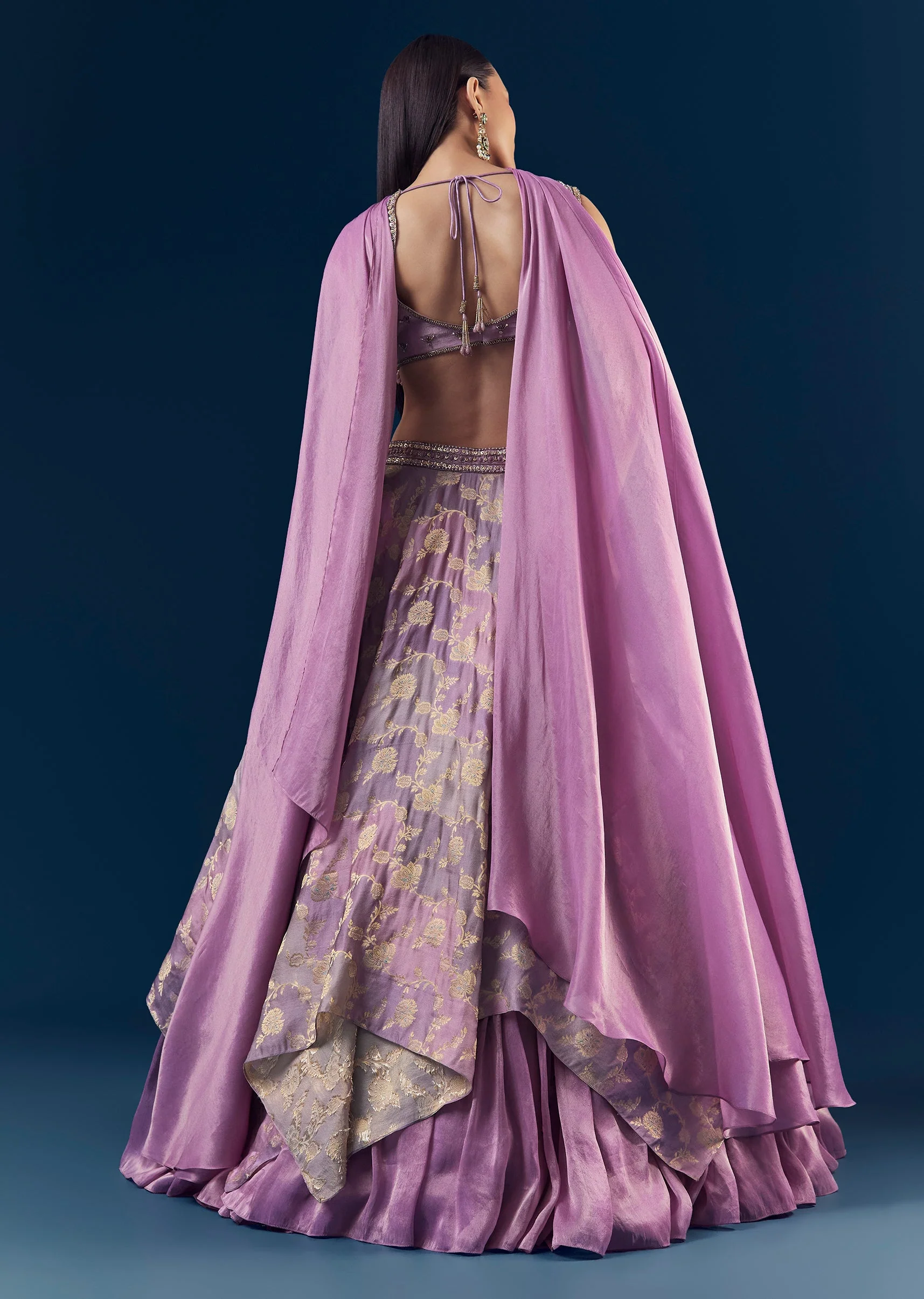 Purple Hand Embroidered Tissue Banarasi Silk Bridesmaid Lehenga Set - Image 2
