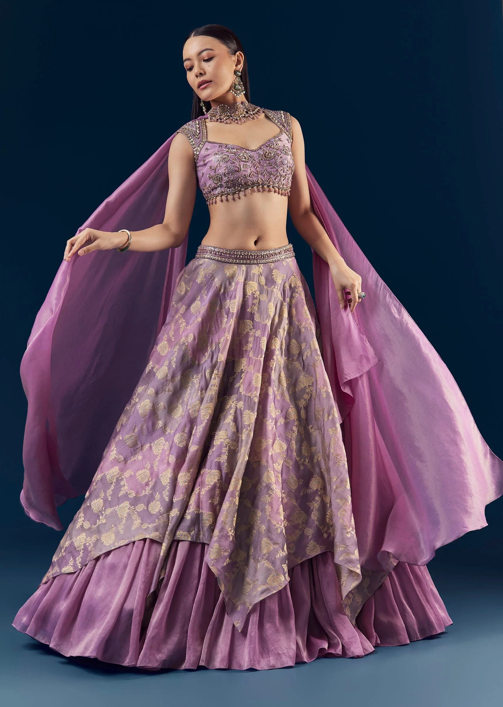 Purple Hand Embroidered Tissue Banarasi Silk Bridesmaid Lehenga Set - Image 4