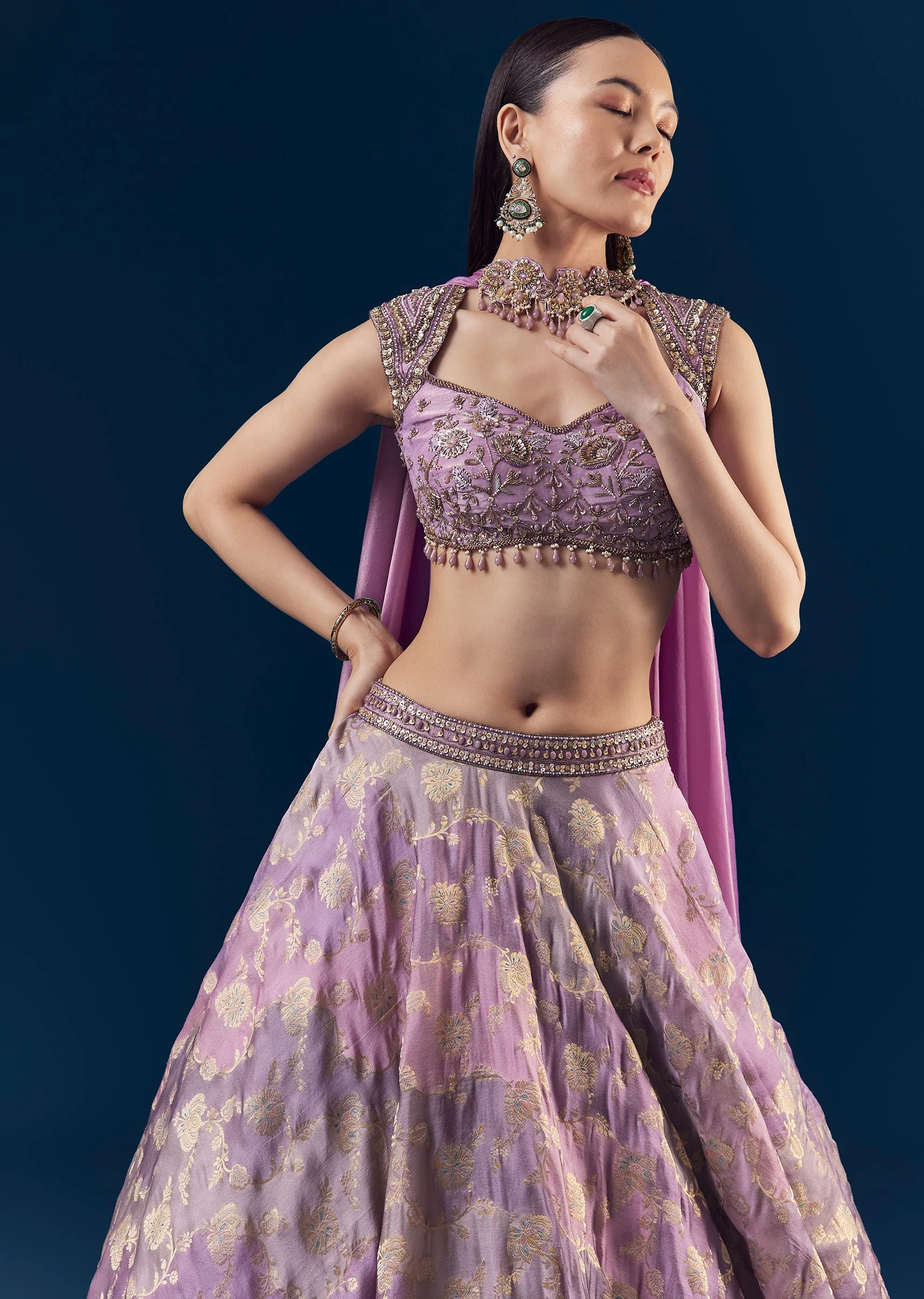 Purple Hand Embroidered Tissue Banarasi Silk Bridesmaid Lehenga Set - Image 5