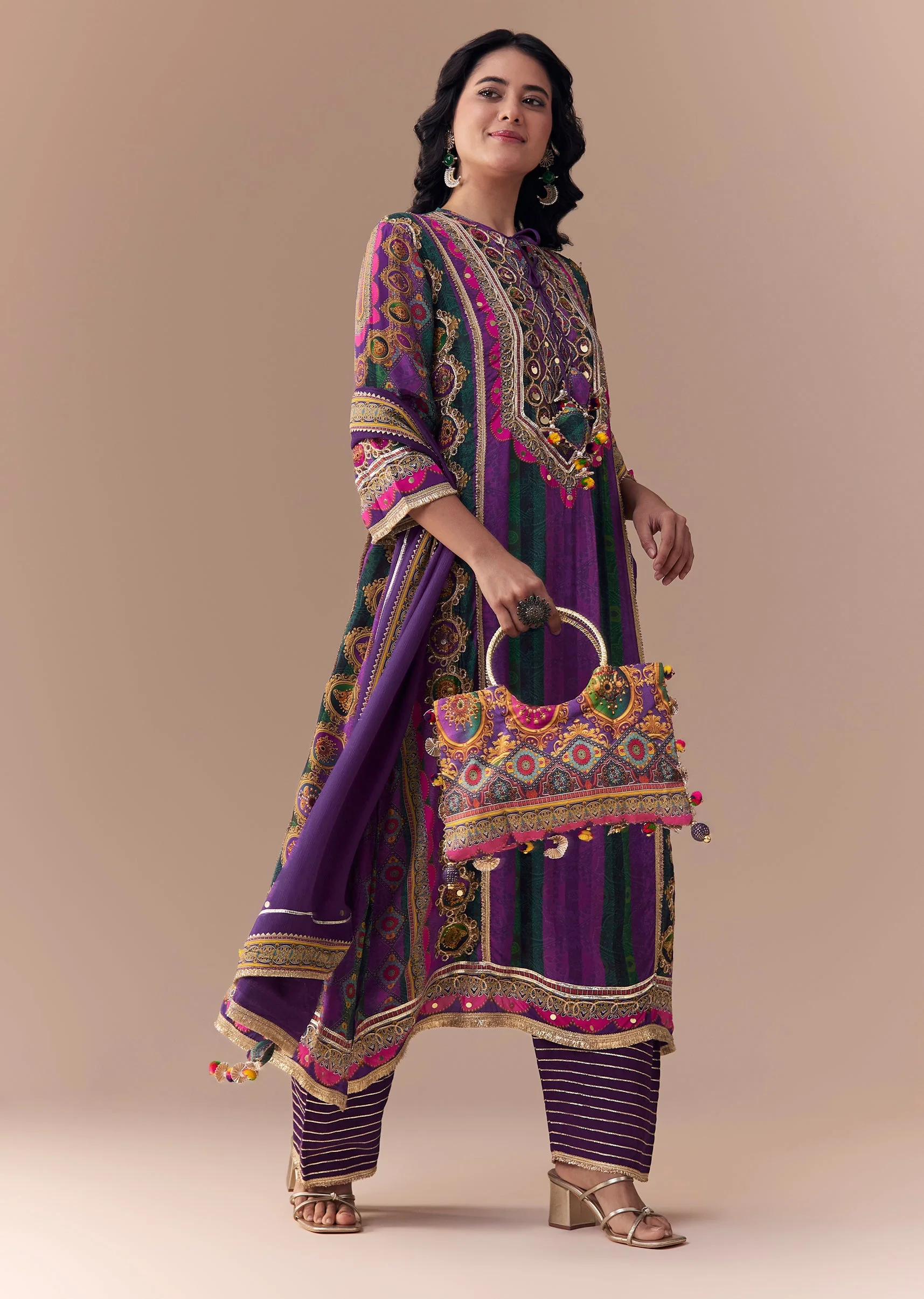 Purple Indie Print Crepe Kurta Set with Handbag - Image 3