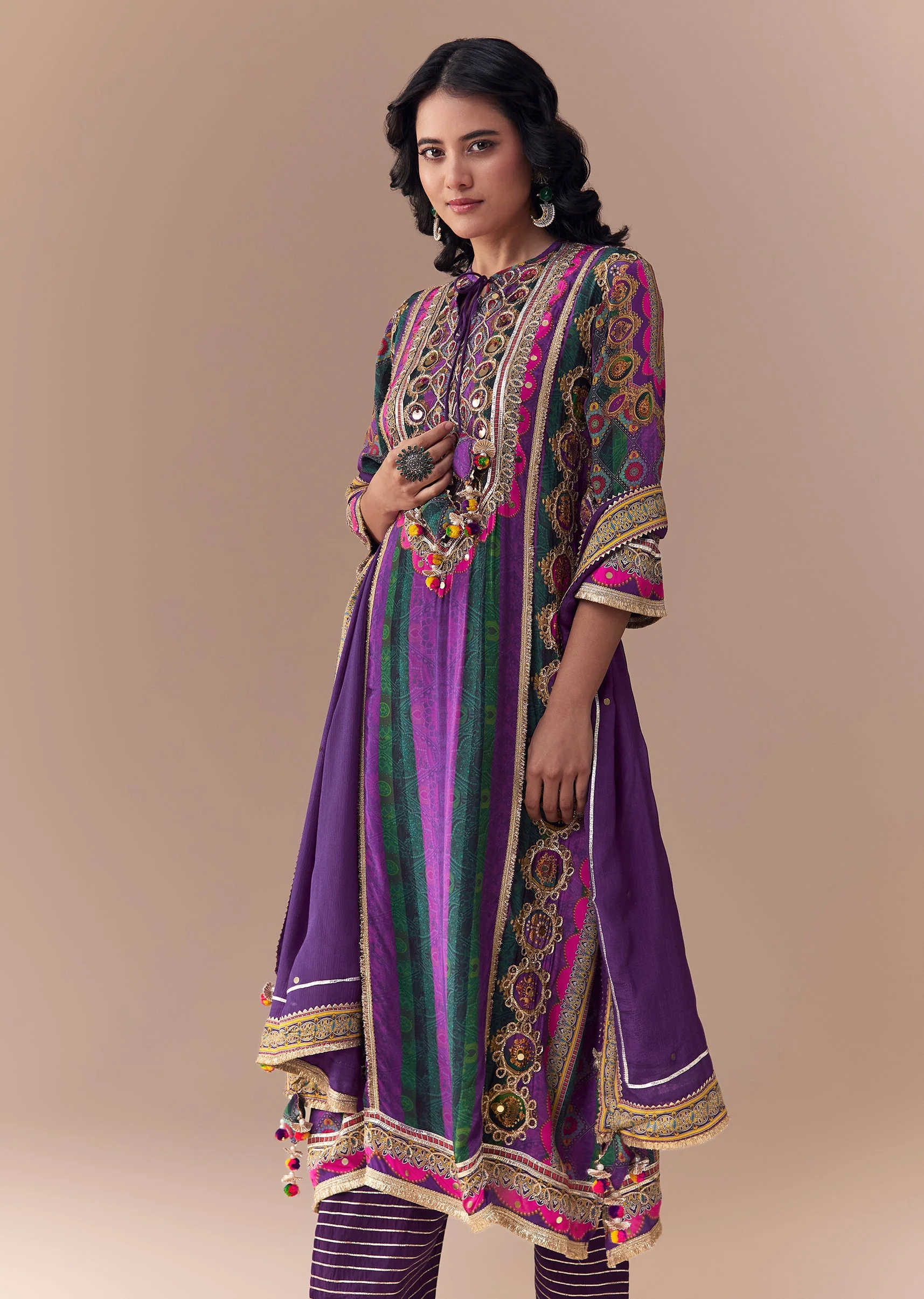 Purple Indie Print Crepe Kurta Set with Handbag - Image 4