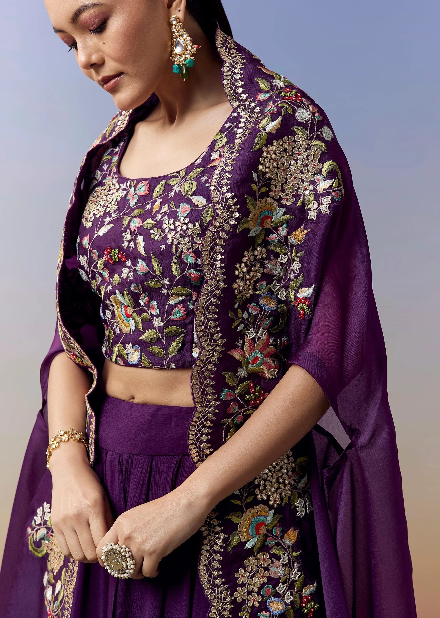 Purple Indo Western Crop Top Skirt Set With Parsi Work - Image 2