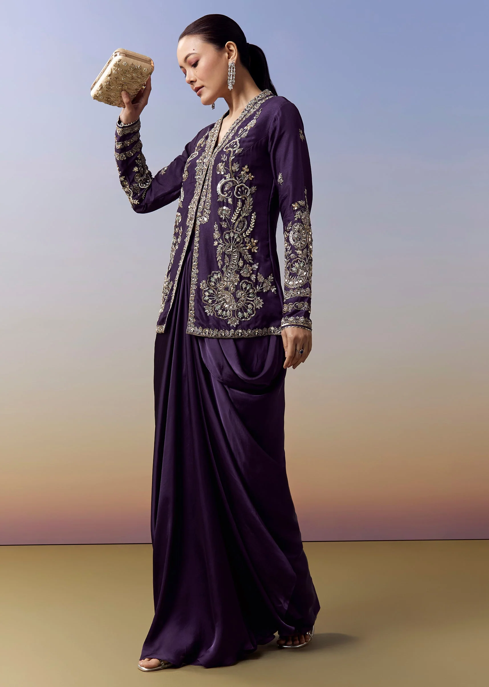 Purple Indo Western Crop Top Skirt Set With Zardosi Sequins Work - Image 3