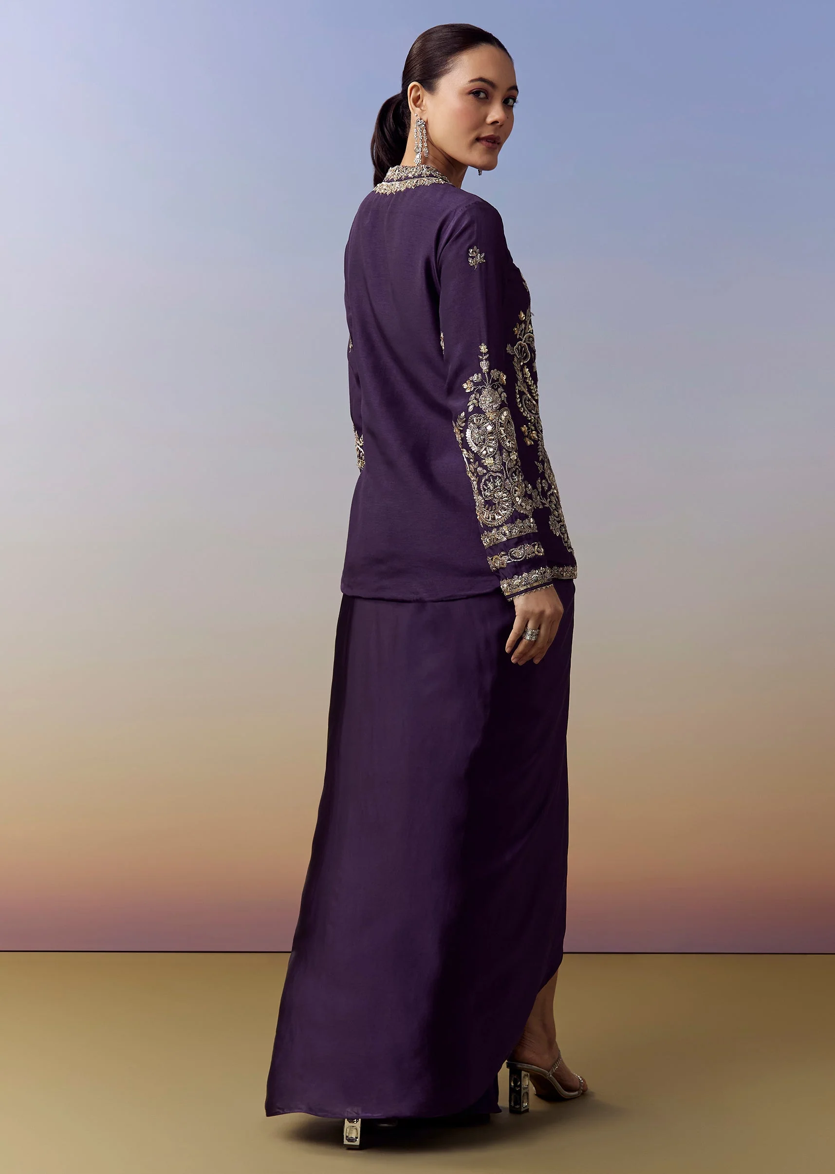 Purple Indo Western Crop Top Skirt Set With Zardosi Sequins Work - Image 5