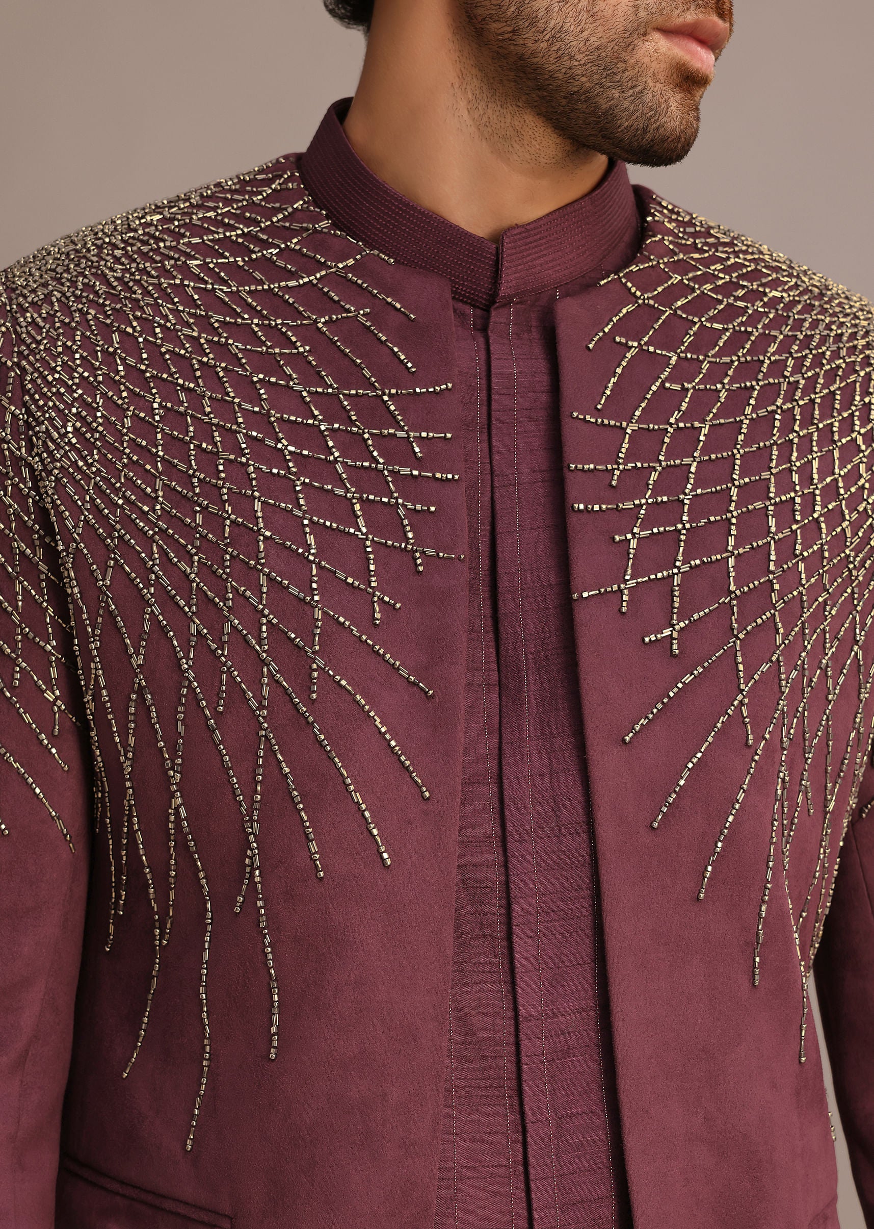 Purple Jacquard Indo Western Set With Zardozi Embroidery - Image 2