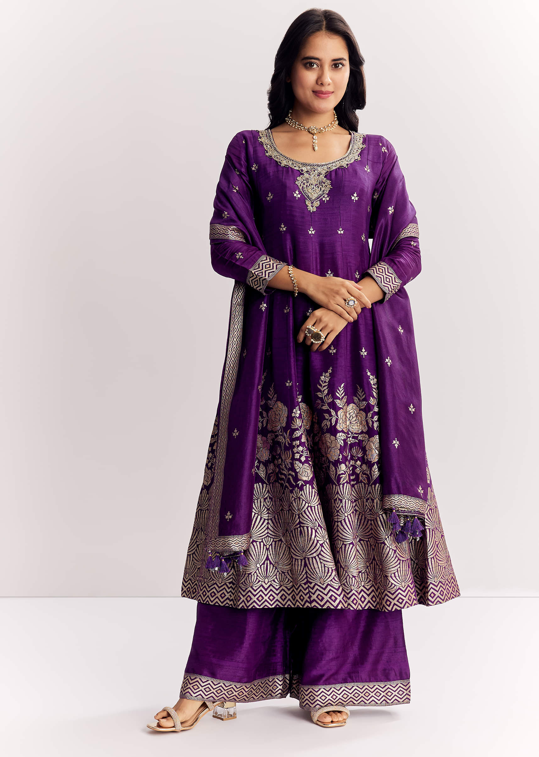 Purple Jacquard Silk Anarkali Dupatta Suit With Traditional Weave - Image 3