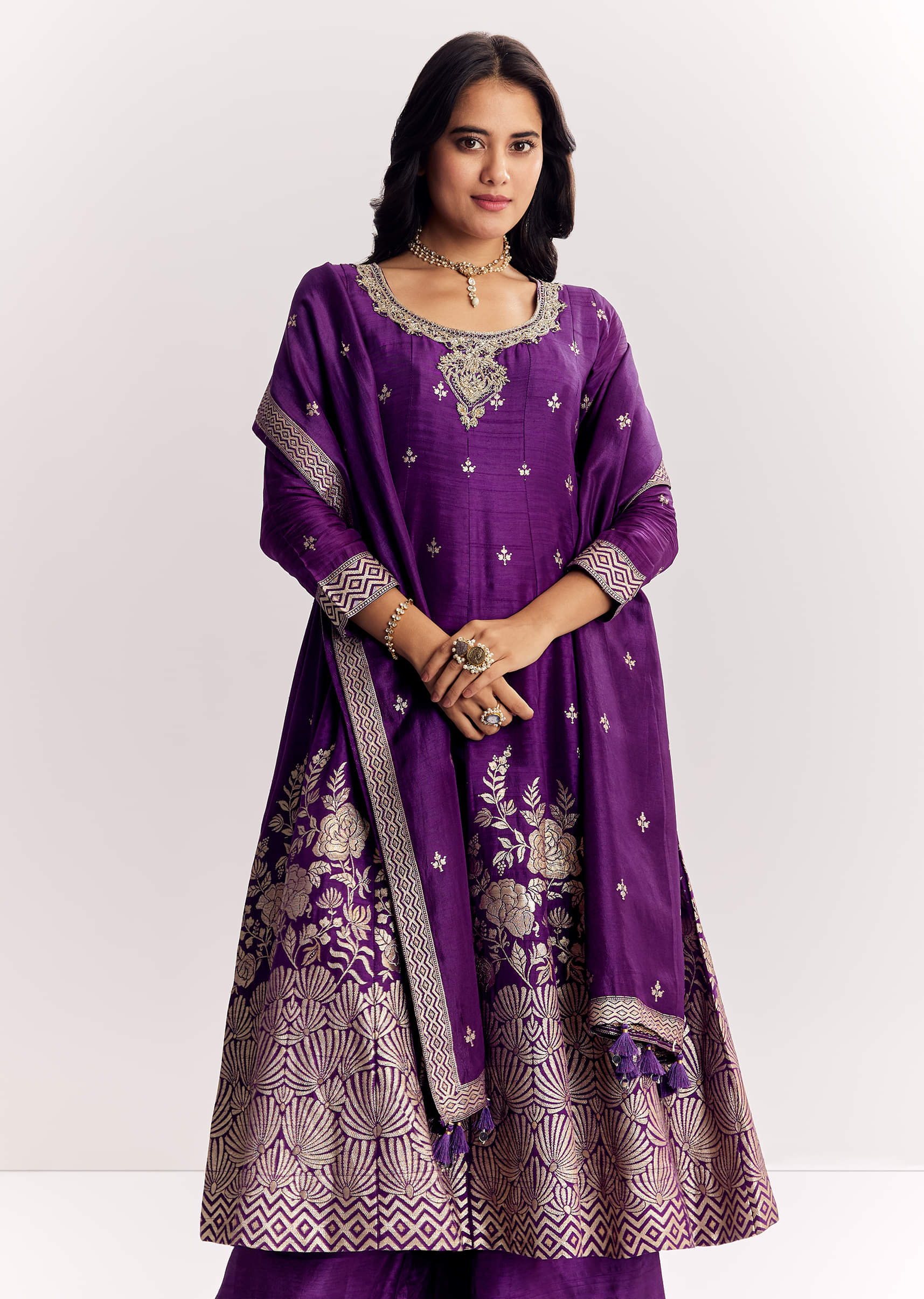Purple Jacquard Silk Anarkali Dupatta Suit With Traditional Weave - Image 4