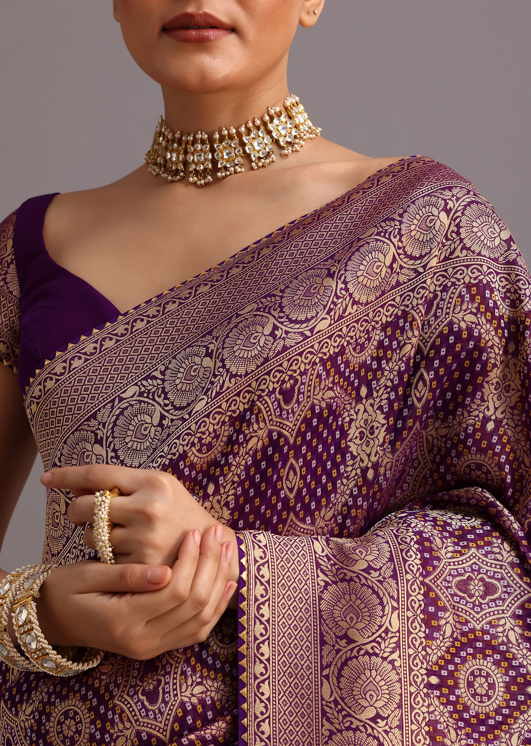 Purple Khaddi Georgette Woven Saree In Bandhani Detail With Gotta Patti Border - Image 2