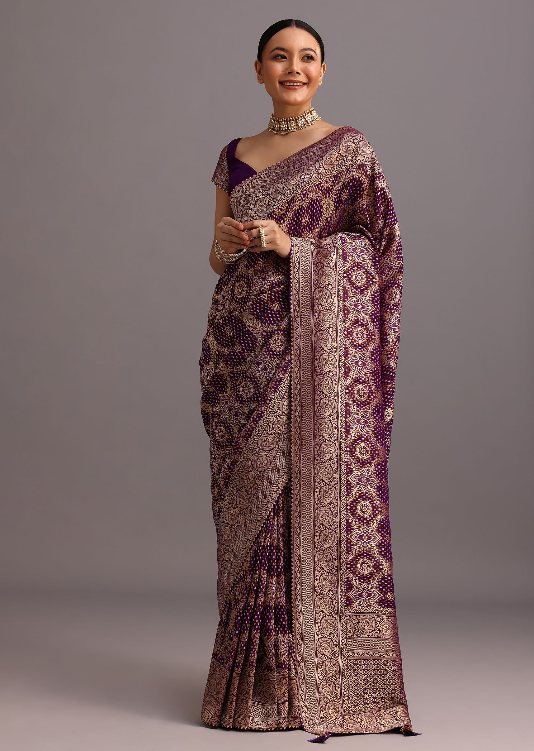 Purple Khaddi Georgette Woven Saree In Bandhani Detail With Gotta Patti Border - Image 3