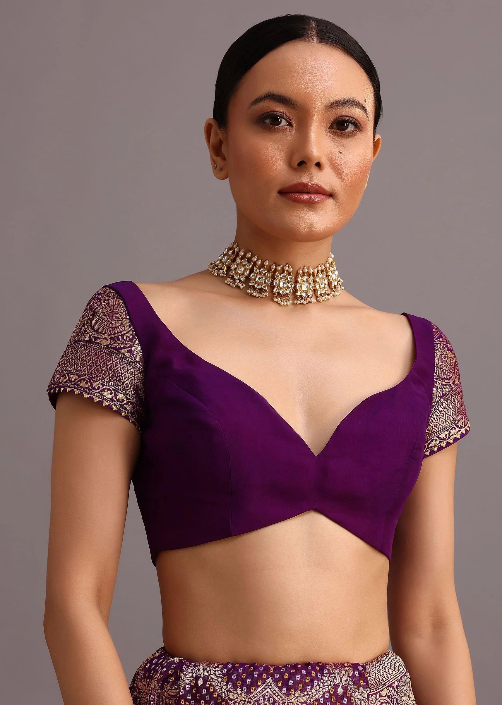 Purple Khaddi Georgette Woven Saree In Bandhani Detail With Gotta Patti Border - Image 7