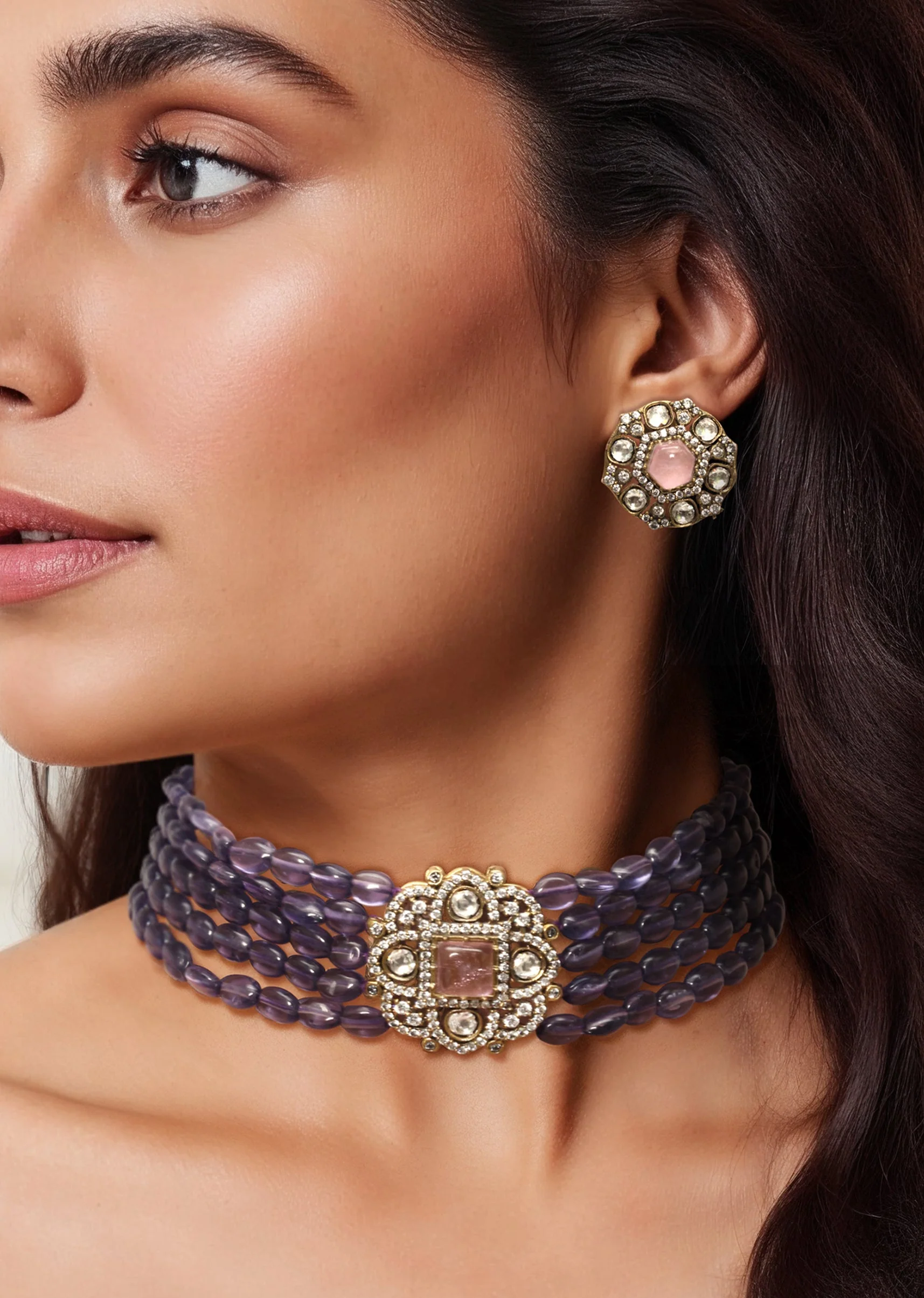 Purple Kundan Layered Necklace and Earring Set