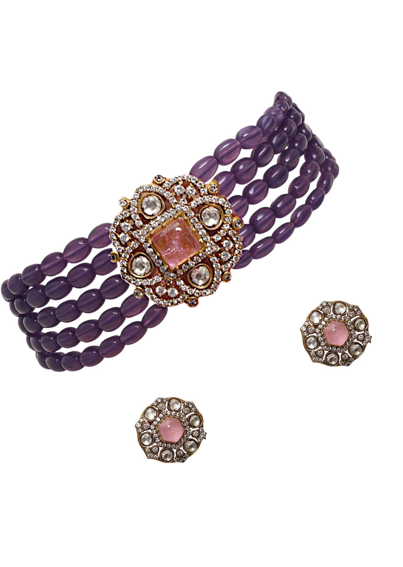 Purple Kundan Layered Necklace and Earring Set - Image 4