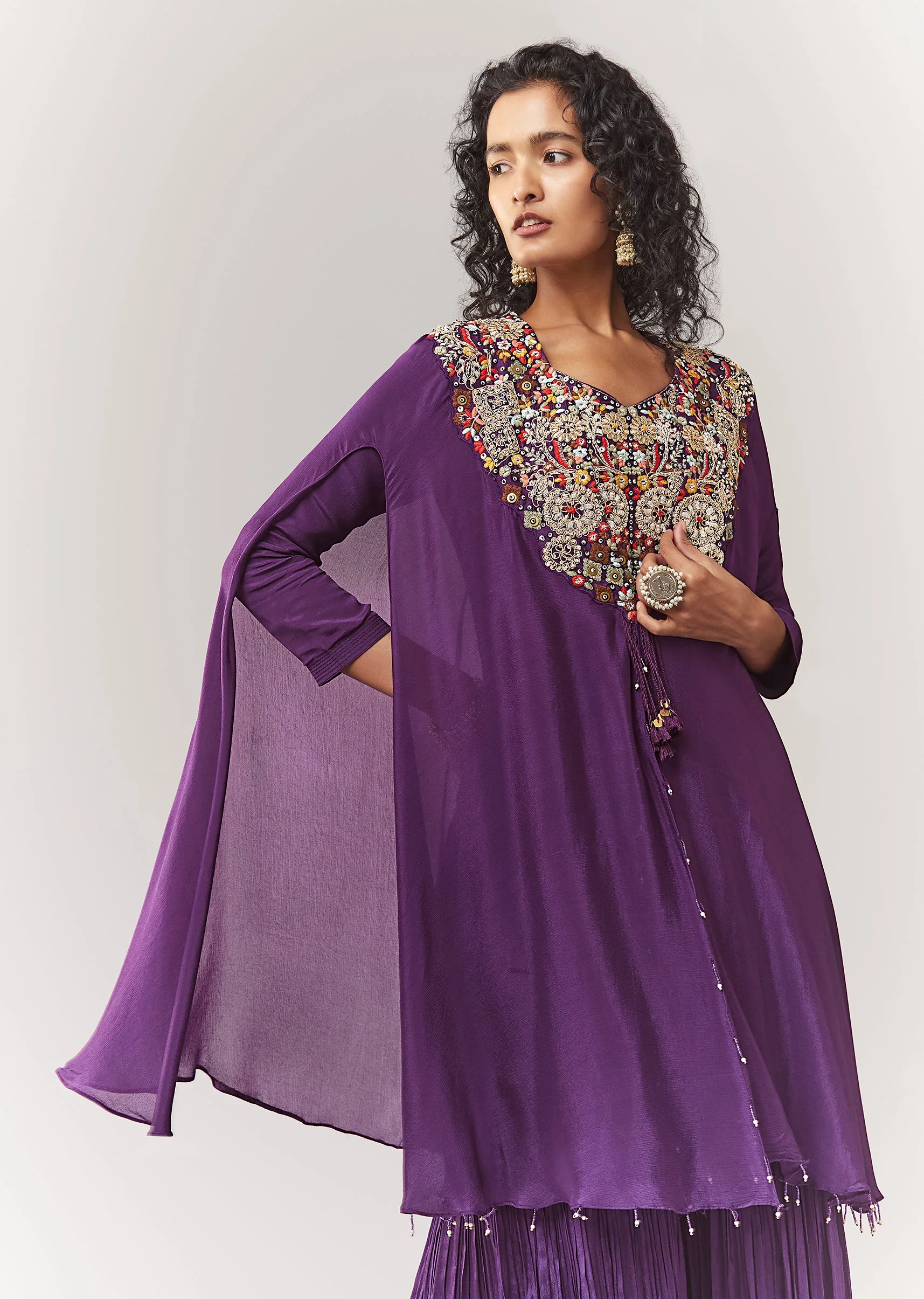 Purple Kurta Cape Sharara Set With Thread And Zardosi Work - Image 4