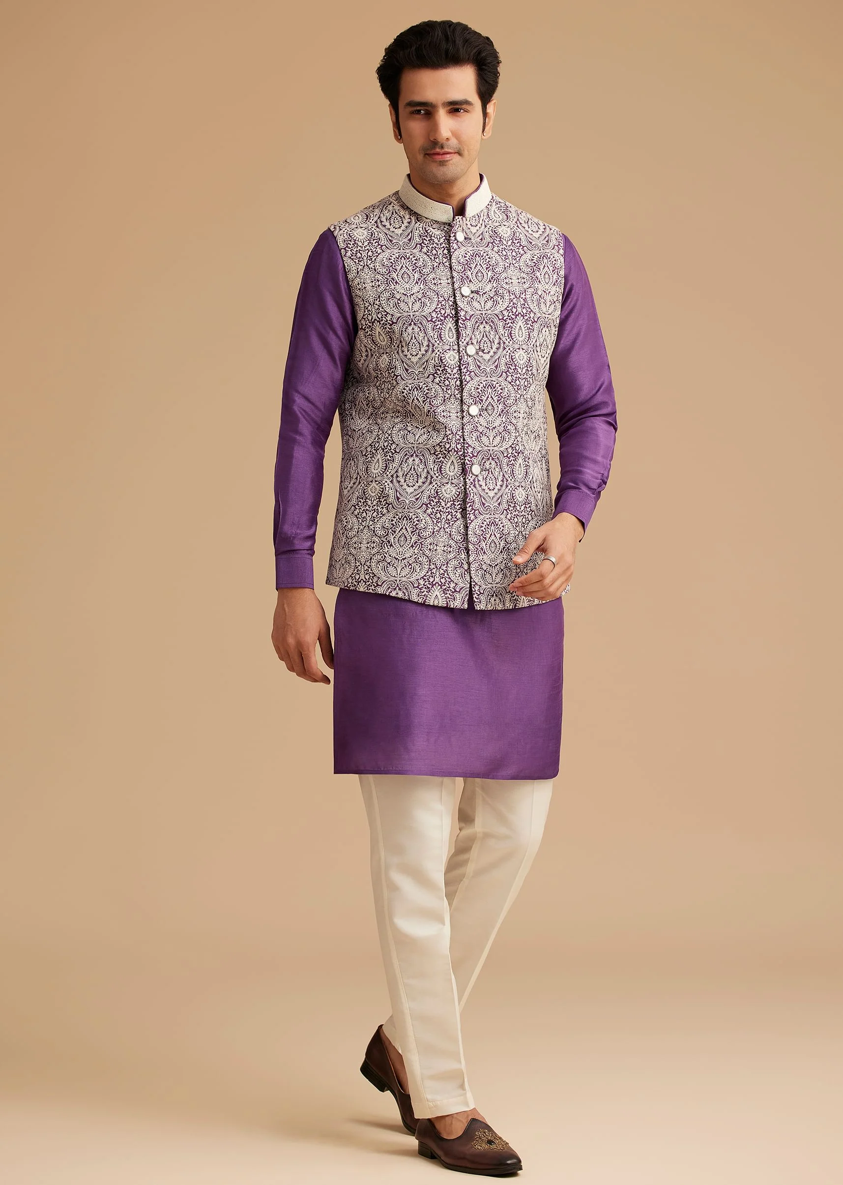 Purple Kurta Jacket Set With Resham Embroidery And Handworked Collar - Image 2