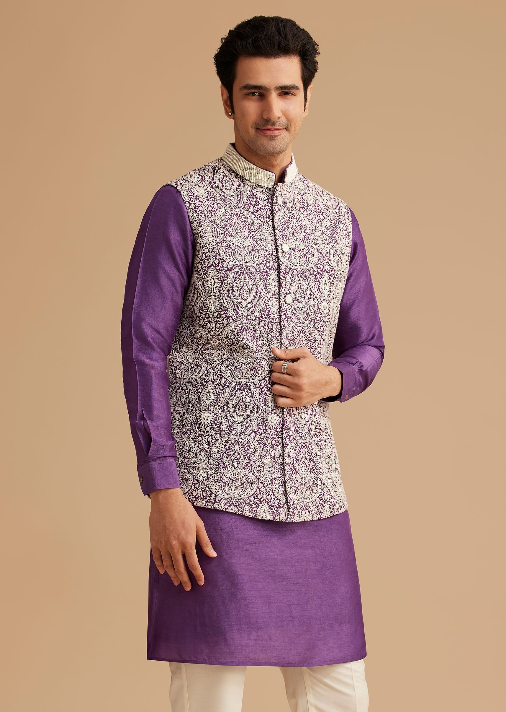 Purple Kurta Jacket Set With Resham Embroidery And Handworked Collar - Image 3