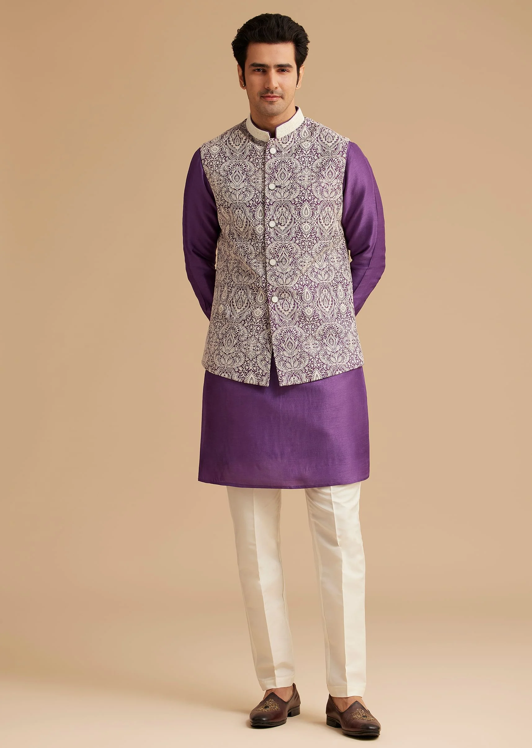 Purple Kurta Jacket Set With Resham Embroidery And Handworked Collar - Image 4