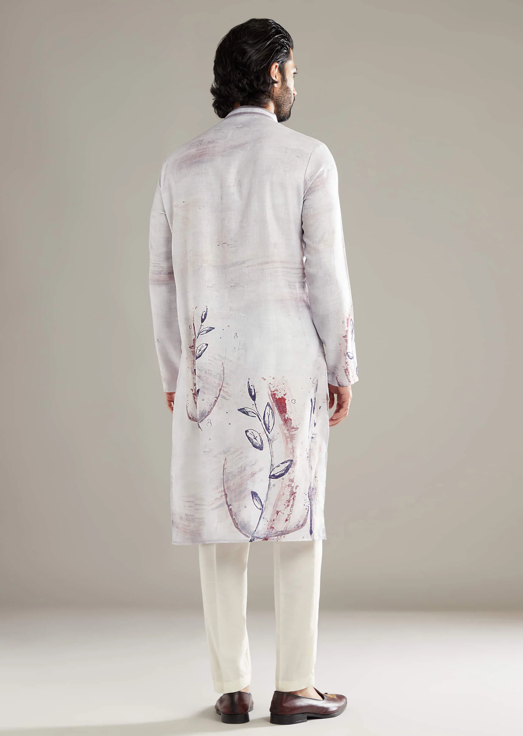 Purple Kurta Set For Men With Placement Floral Print - Image 3