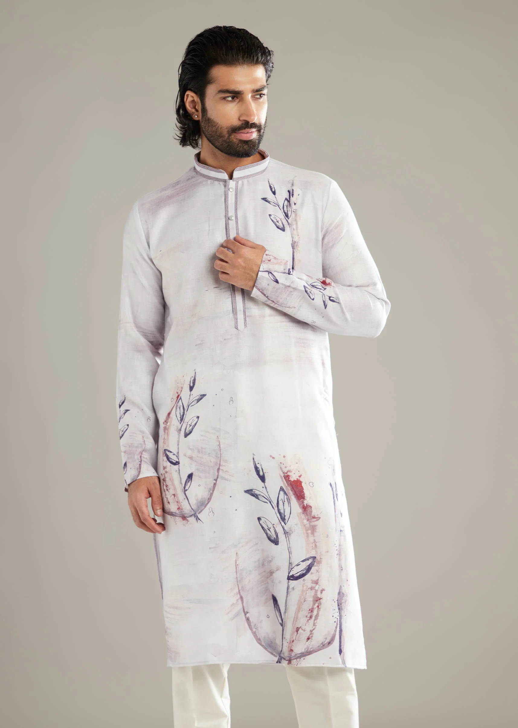 Purple Kurta Set For Men With Placement Floral Print - Image 4