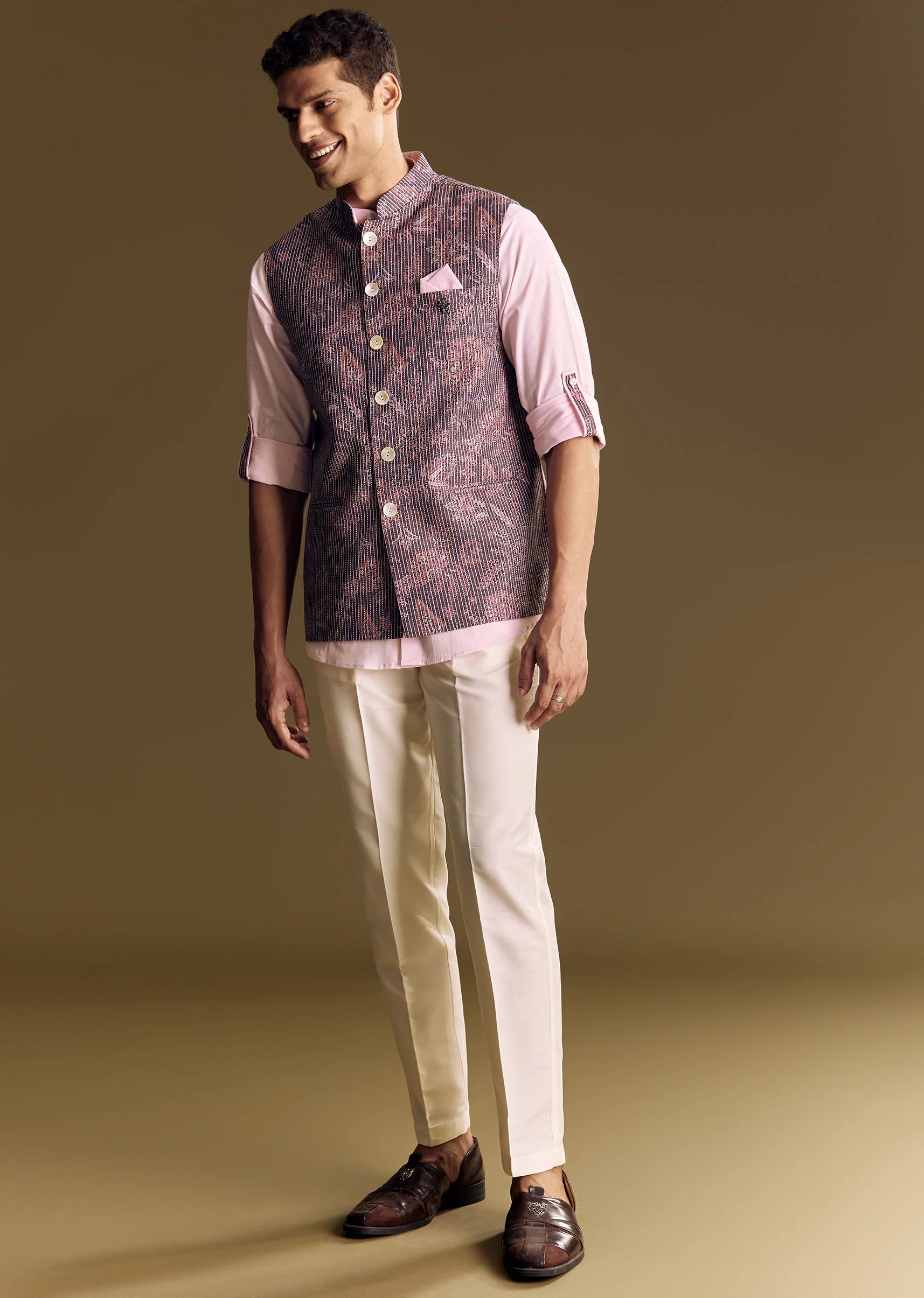 Purple Linen Jacket And Shirt Featuring Floral Kantha Detailing - Image 4