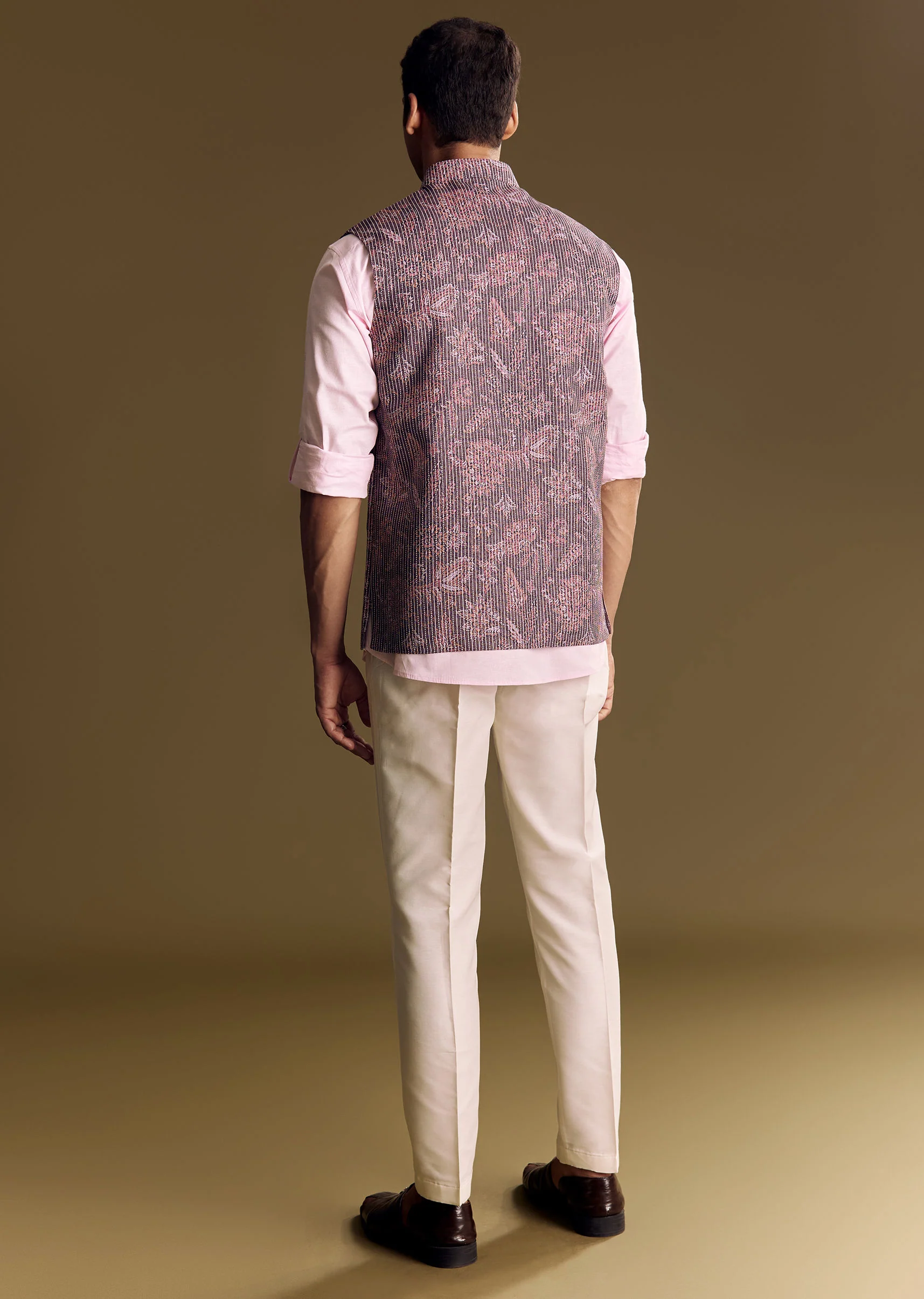 Purple Linen Jacket And Shirt Featuring Floral Kantha Detailing - Image 5