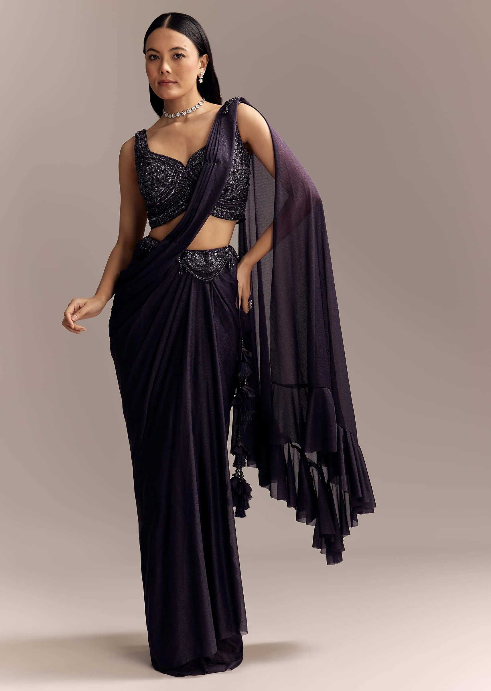 Purple Lycra Ready Pleated Saree With Embroidery And Matching Blouse - Image 3