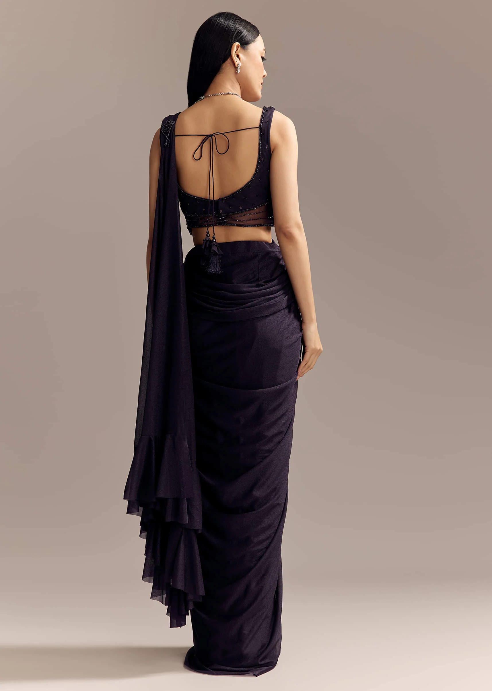 Purple Lycra Ready Pleated Saree With Embroidery And Matching Blouse - Image 5