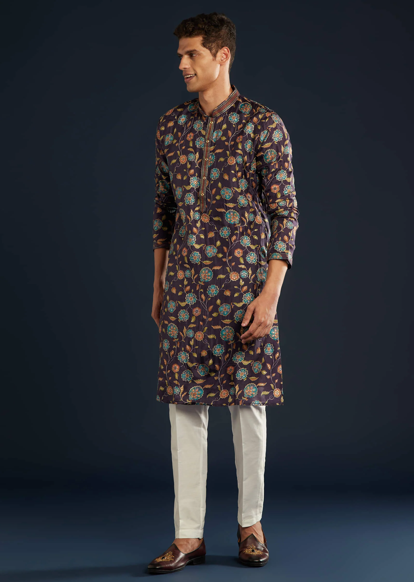 Purple Mens Floral Print Silk Kurta Set with Sequin Work