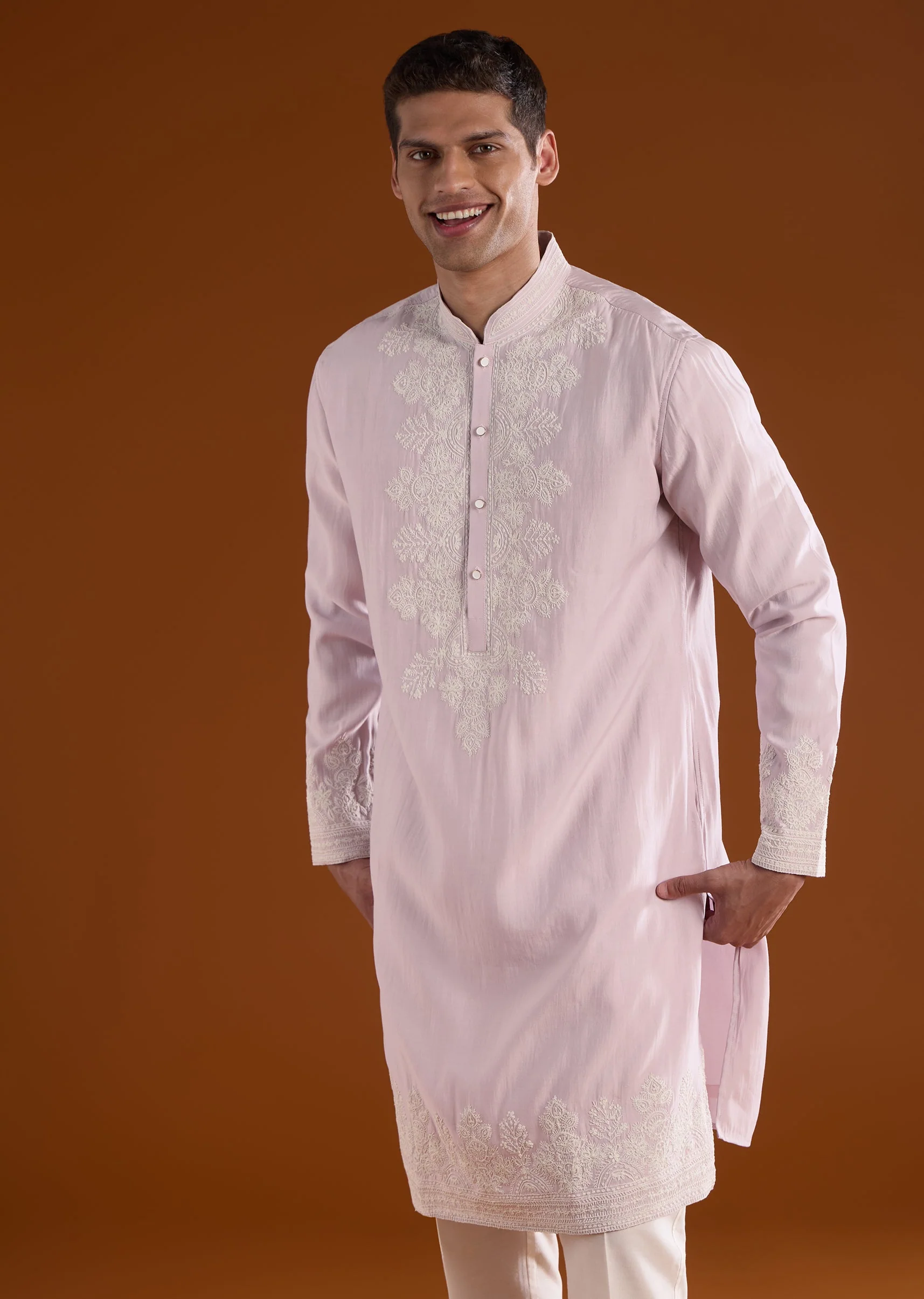 Purple Mens Kurta Set With White Thread Work - Image 3