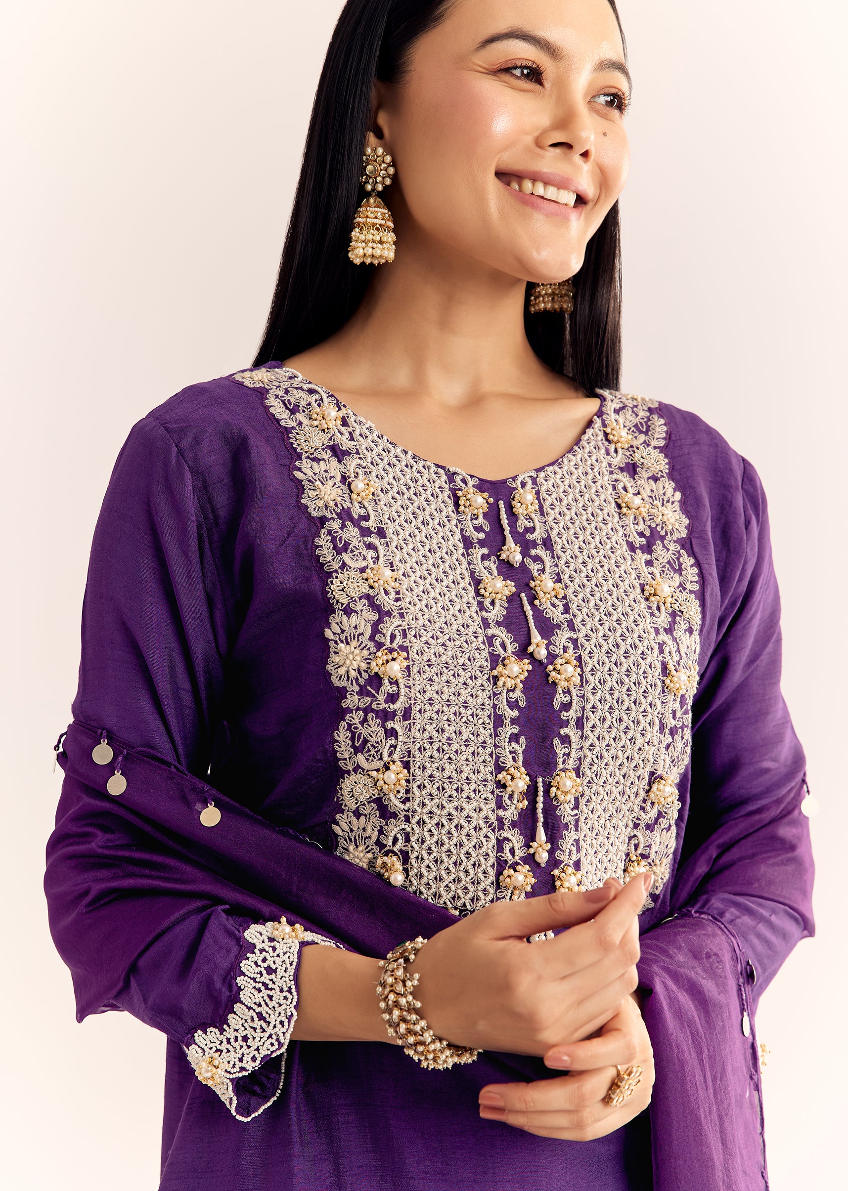Purple Moti Threadwork Dola Silk Sharara Suit With Organza Dupatta - Image 2