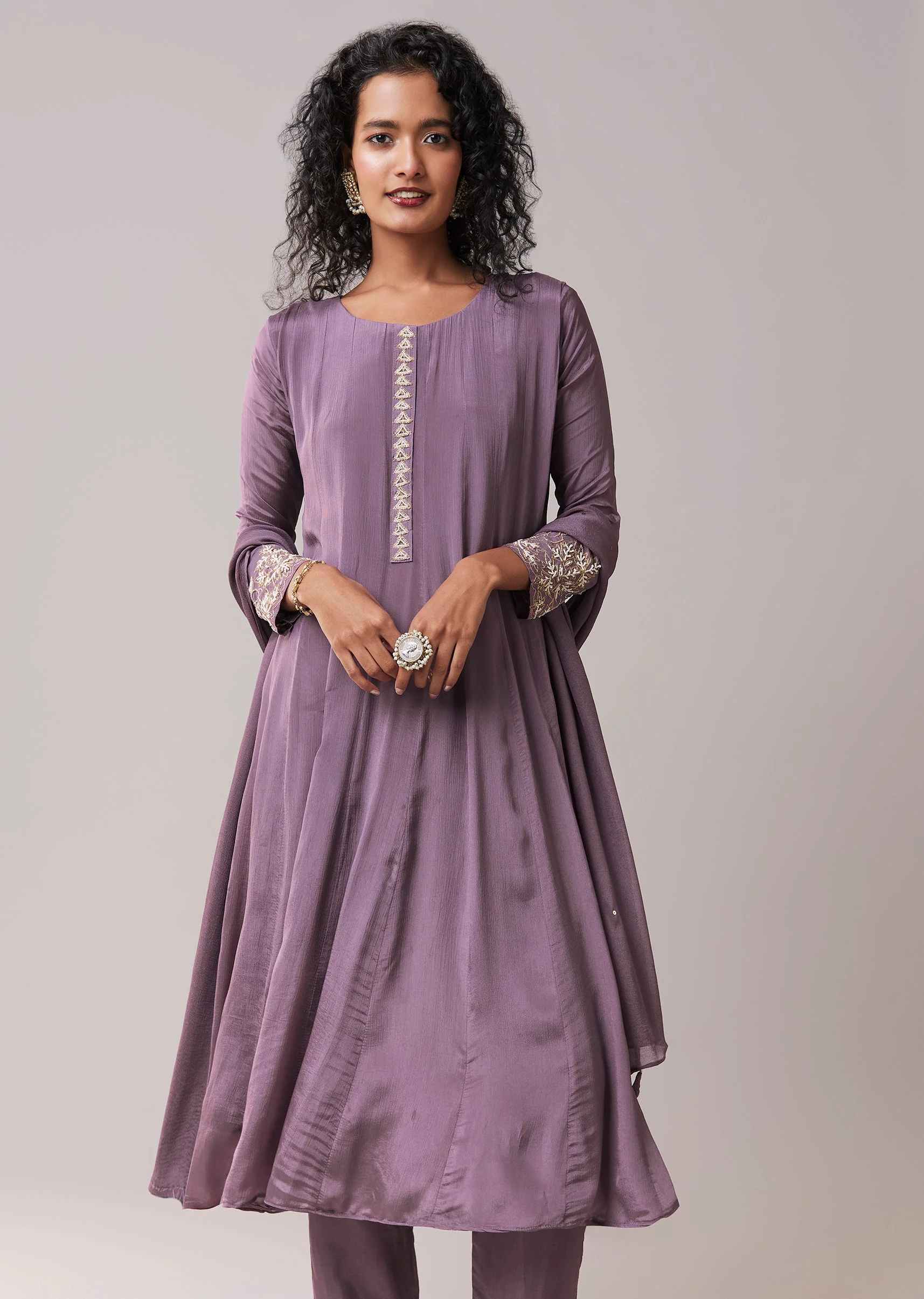 Purple Moti Work Cotton Silk Embroidered Anarkali Set - Image 4