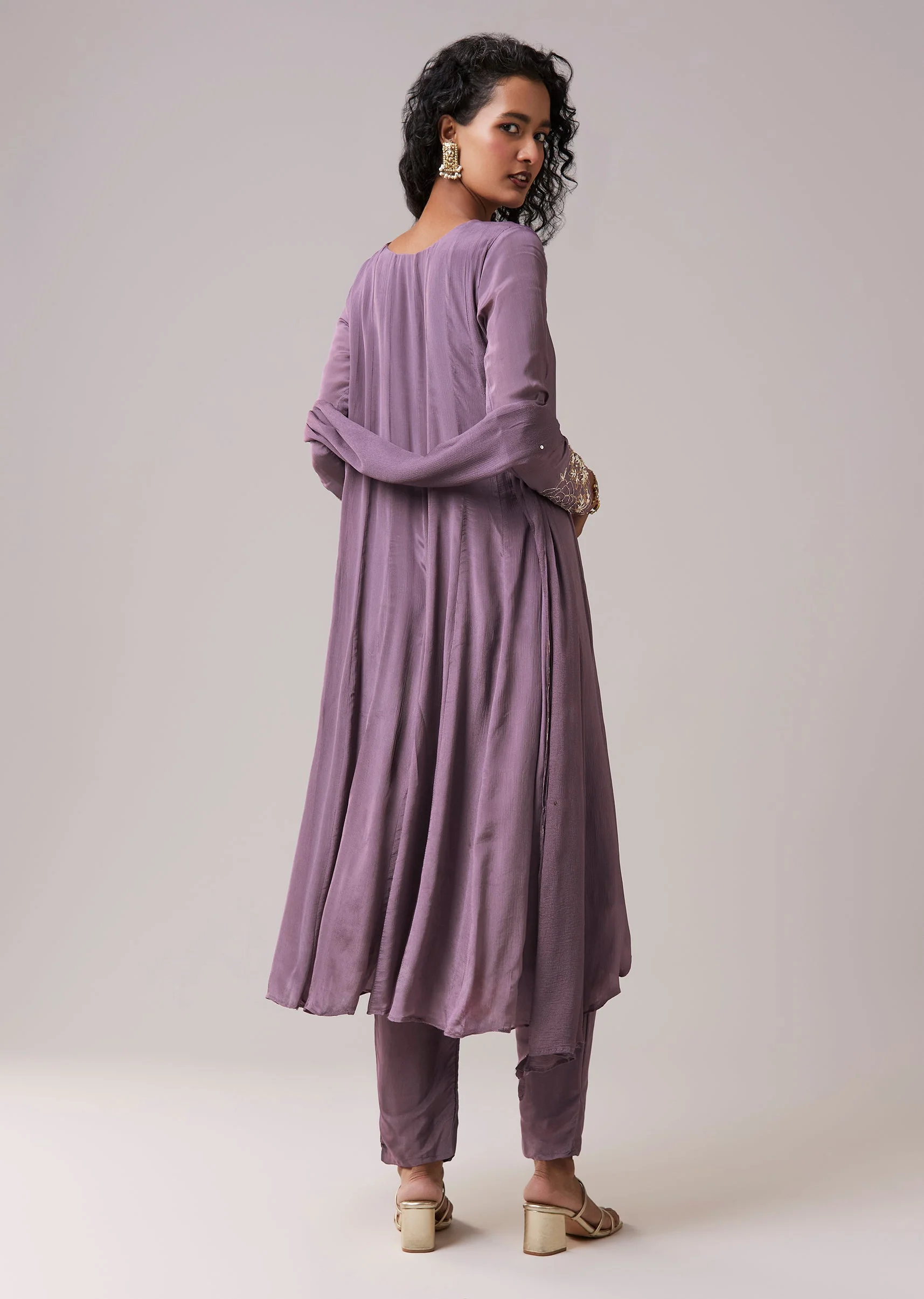 Purple Moti Work Cotton Silk Embroidered Anarkali Set - Image 5