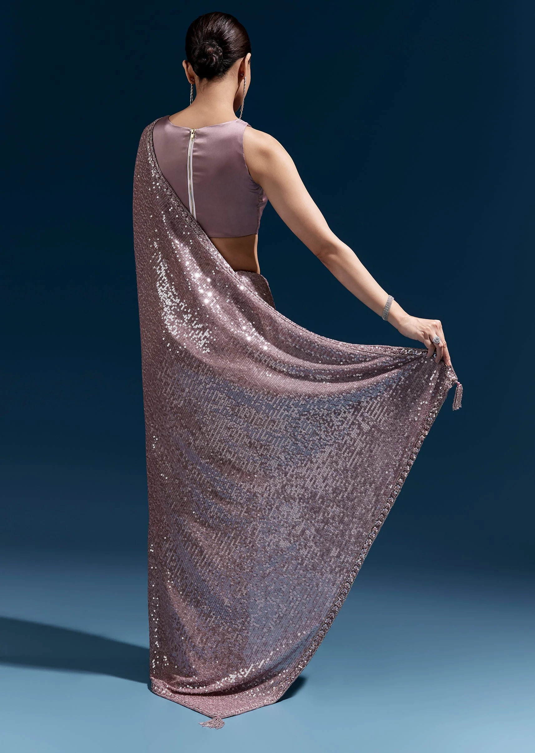 Purple Net Sequin Saree With Linear All Over Work And Hand Embroidered Floral Border - Image 4
