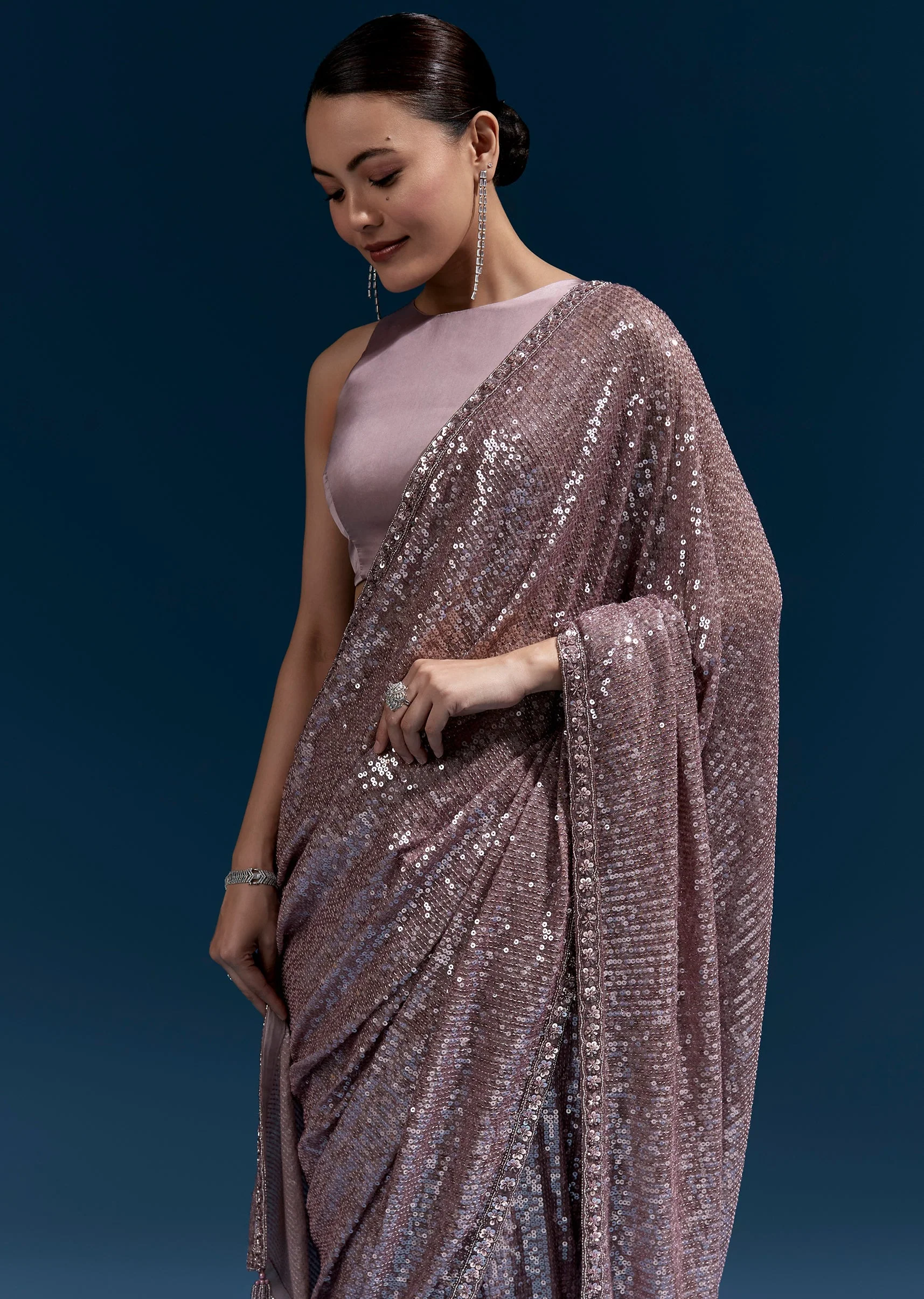 Purple Net Sequin Saree With Linear All Over Work And Hand Embroidered Floral Border - Image 5