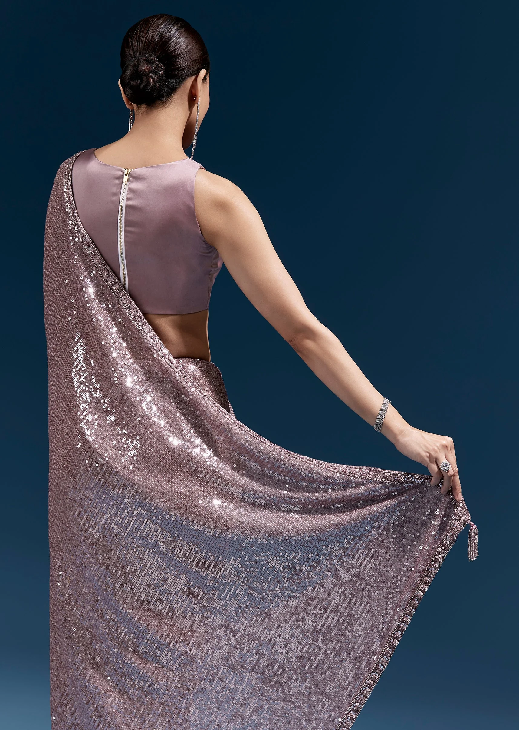Purple Net Sequin Saree With Linear All Over Work And Hand Embroidered Floral Border - Image 6