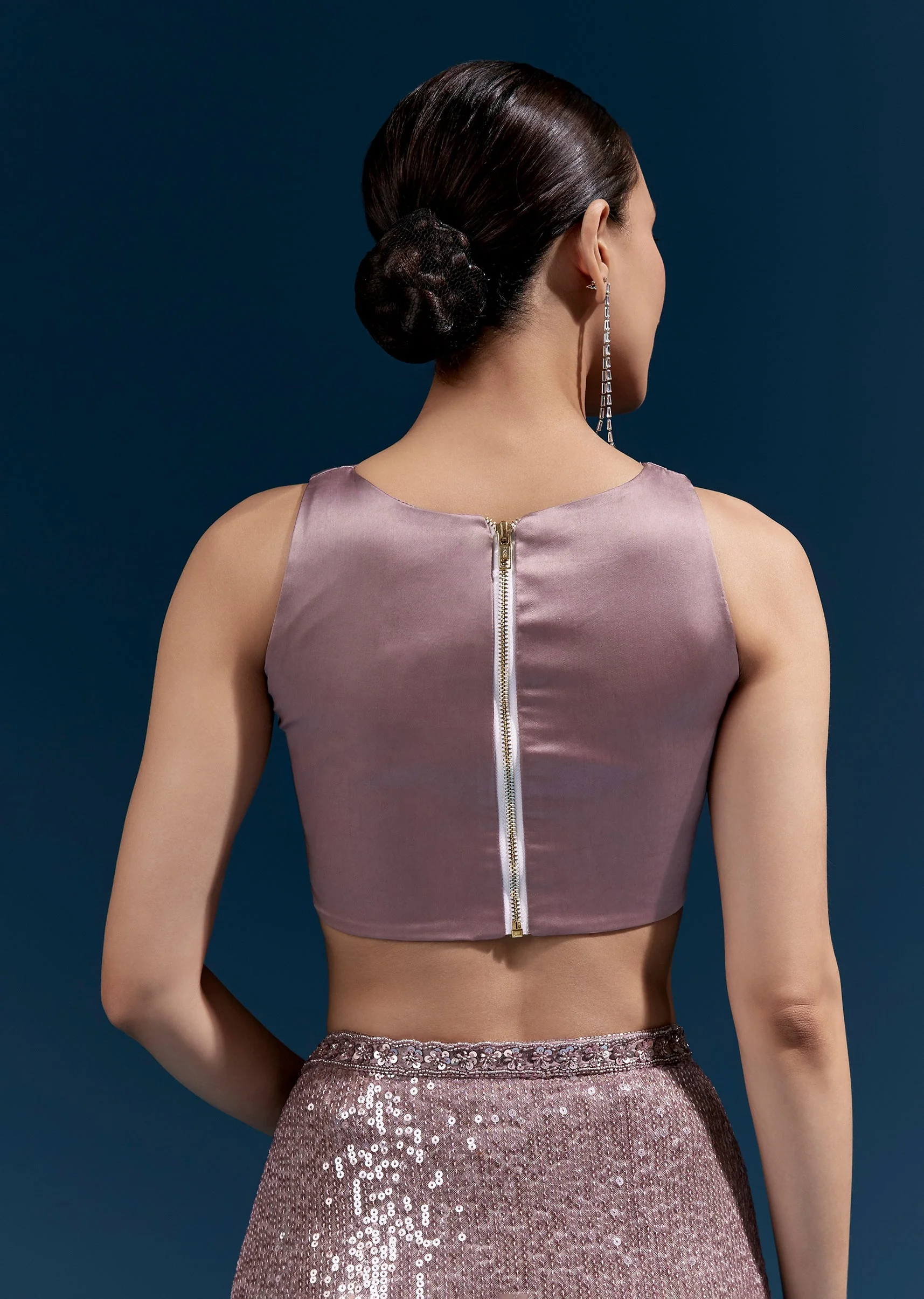 Purple Net Sequin Saree With Linear All Over Work And Hand Embroidered Floral Border - Image 8