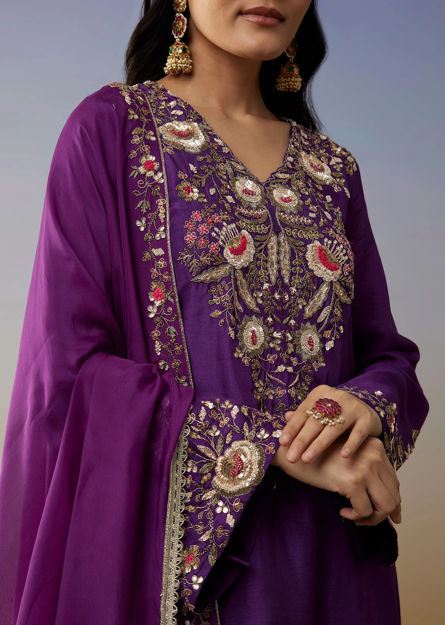 Purple Ombre Satin Palazzo Suits with Zardosi Sequins Work - Image 2